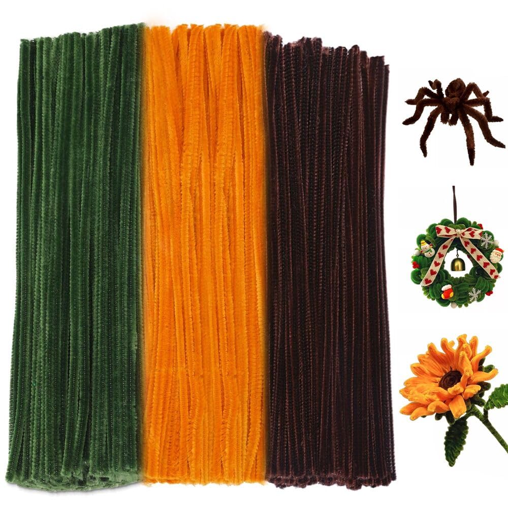 300 PCS Thick Pipe Cleaners Craft Supplies Yellow,Green,Brown Color Sunflower Chenille Stems for Art and Craft Projects Creative DIY Decorations (Sunflower color)