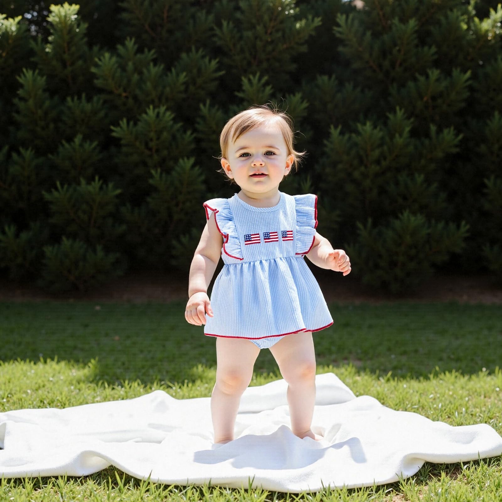 Socutebabe 4th Of July Baby Girl Outfits My First Fourth Of July Onesie Usa Bubble Romper Newborn Dress Smocked Outfit (American Flag Blue, 12-18 Months)