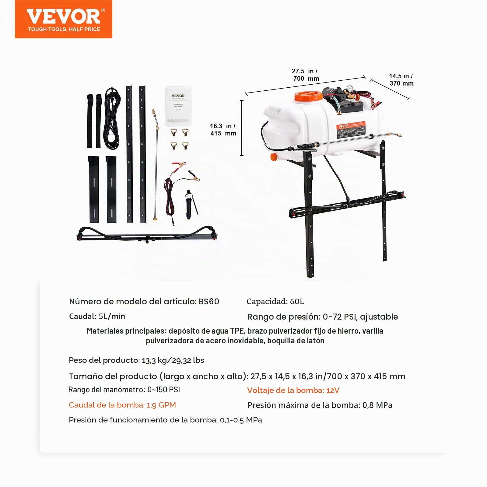VEVOR Pulverizador para ATV UTV 60 L 12 V Bomba Pulverizador de Malezas para Jardín con Tanque de Agua, Rampa de Boquilla, Manguera de 6,1 m, Flujo de Bomba 7 L/min Presión Ajustable 0-72 PSI, Blanco