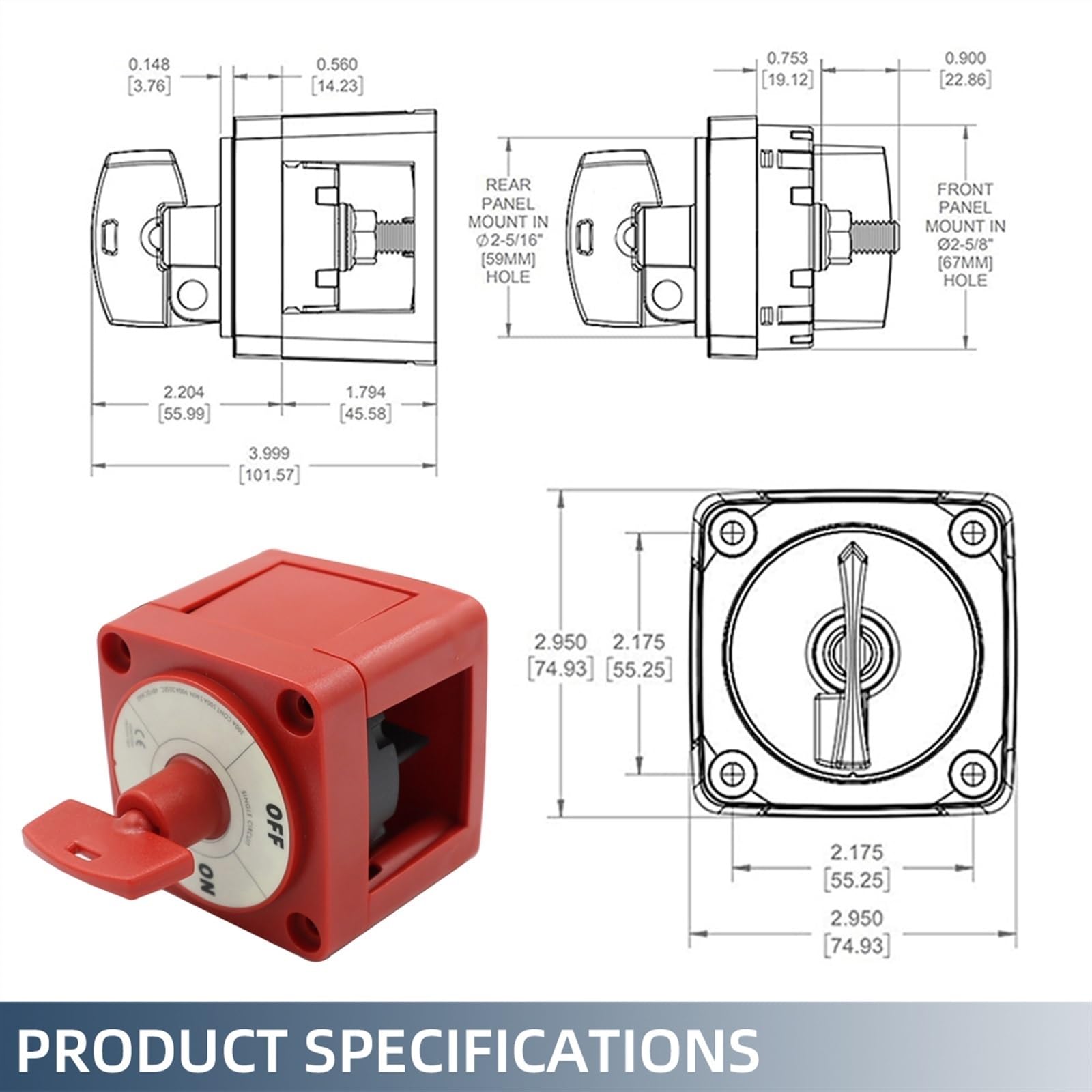 6004 M-Series Mini 48V 300Amp Impermeable RV Coche Barco Selector de batería aislador desconexión Interruptor de Circuito único con Llave de Bloqueo