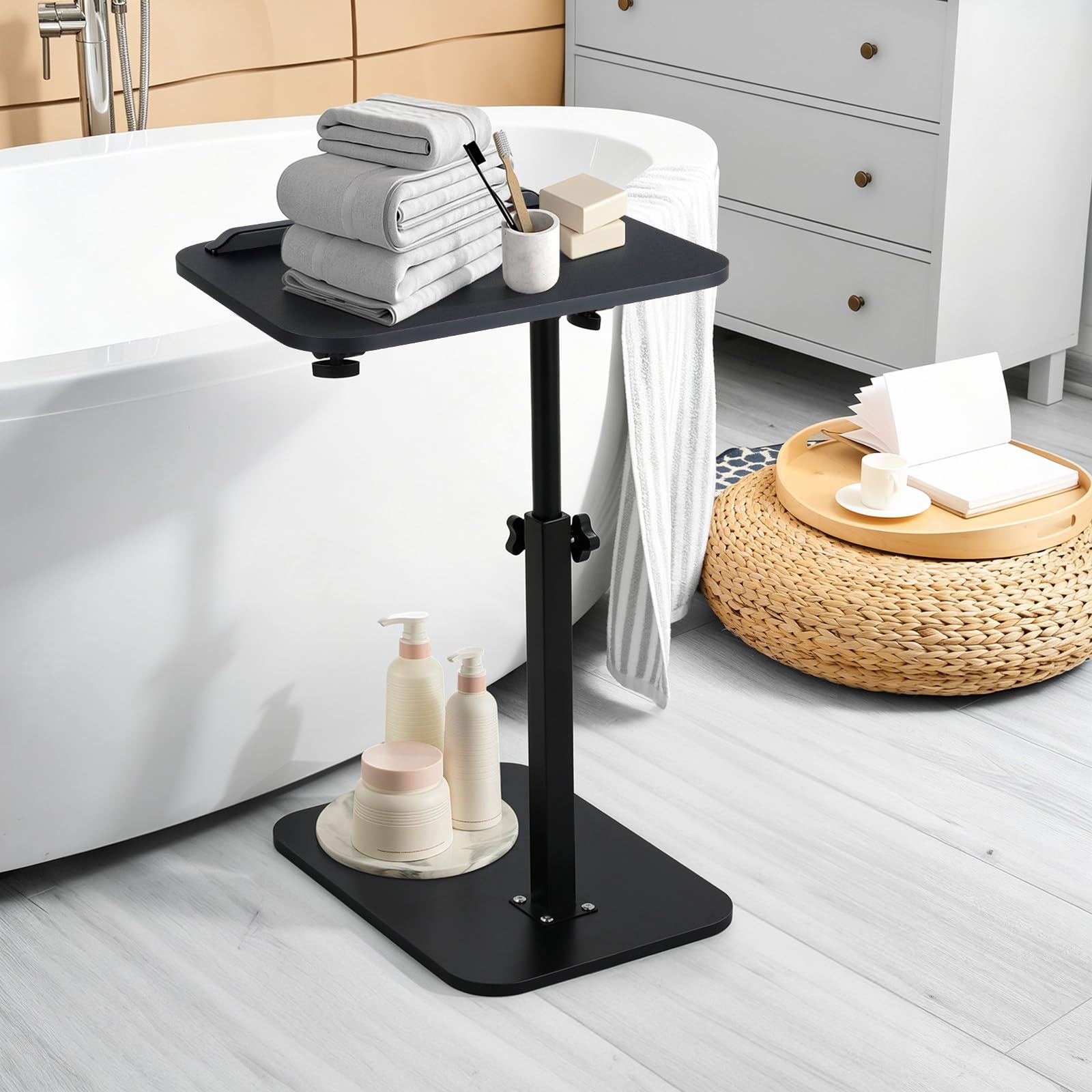 comfoyar Tavolino a Forma C Altezza Regolabile, Girevole 360° Tavolino di Divano Laterale con Doghe per Letto Vasca da Bagno, Tavolino da Caffè Moderno per Soggiorno Ufficio, Piccolo Spazio, Nero