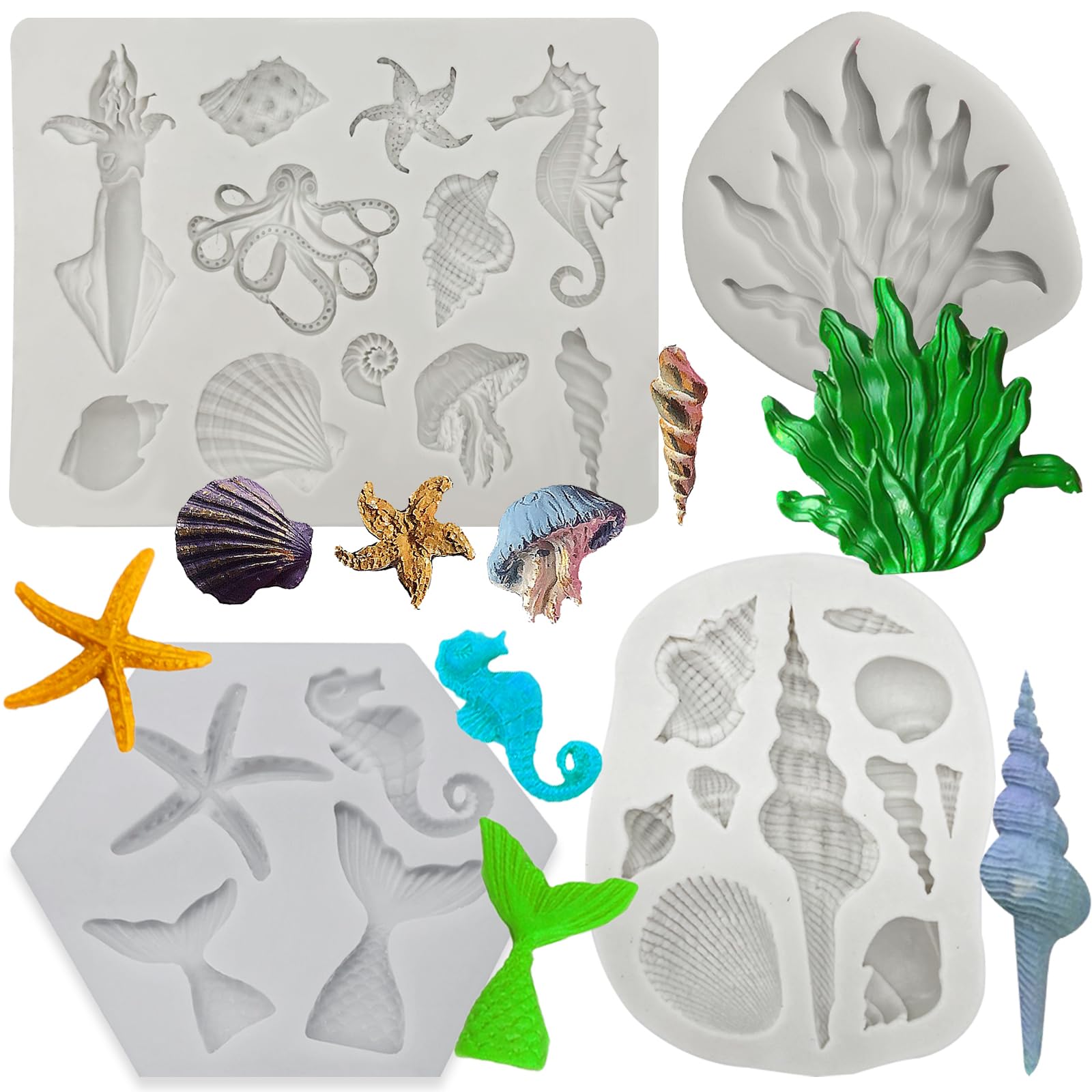 4 PCS Marine Theme Cake Fondant Silicone Mold Seashell Conch Starfish Coral Octopus Baking Molds for DIY Cake Decoration Chocolate Candy Polymer Clay Crafting Projects