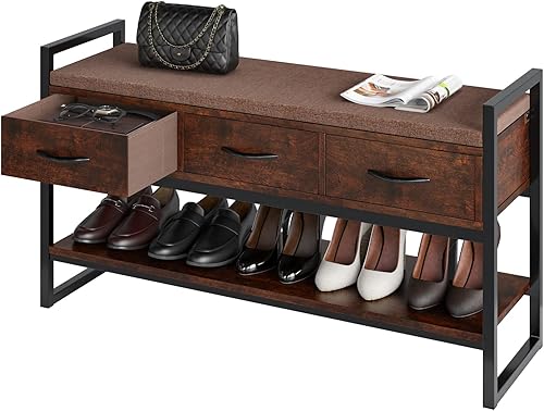 URKNO Zapatero con cojín extraíble, banco de zapatos de 2 niveles con 3 cajones de tela, ideal para entrada, dormitorio, sala de estar, pasillo,