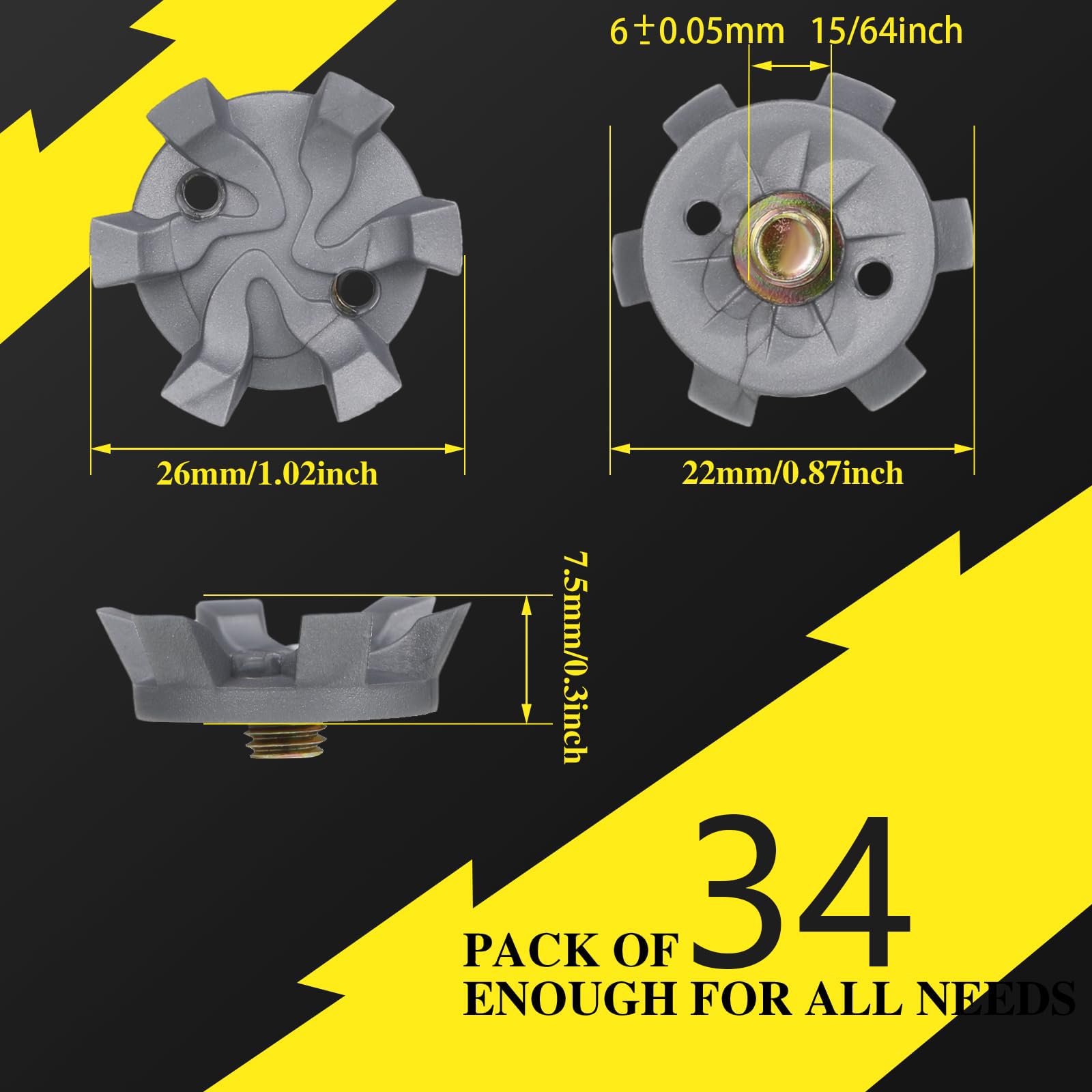 34 Pcs Golf Cleats Replacement Set with Spanner Tool, Black Spikes and Silvery Grey