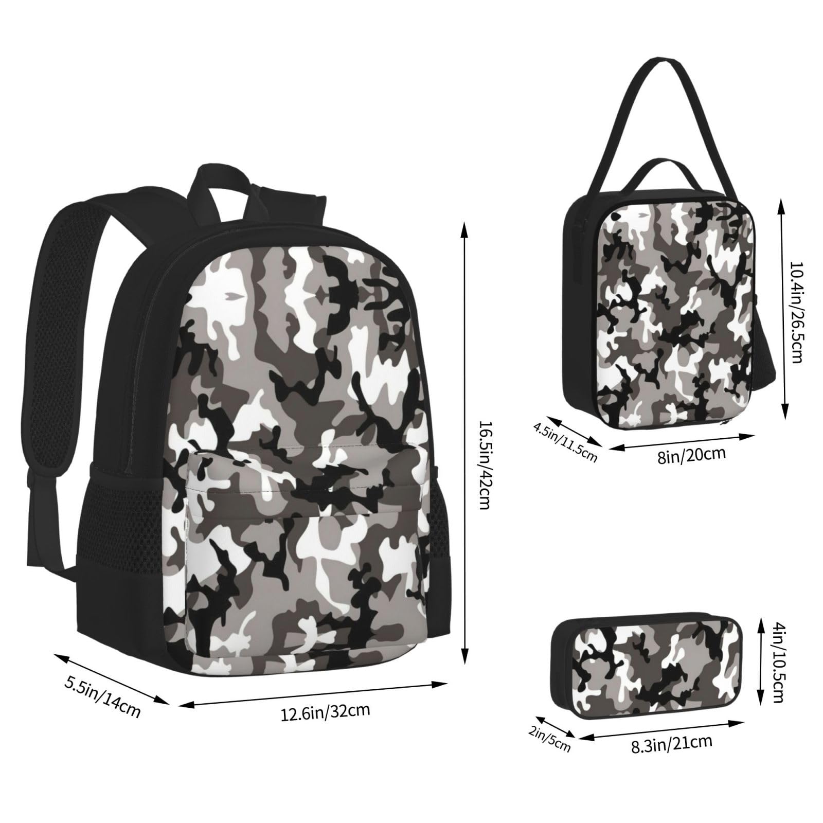 Zestaw plecaków szkolnych z nadrukiem Ack Grey White Camo, o dużej pojemności, wodoodporny plecak na laptopa z izolowaną torbą na lunch i piórnikiem dla nastolatków gimnazjalnych i przyborów