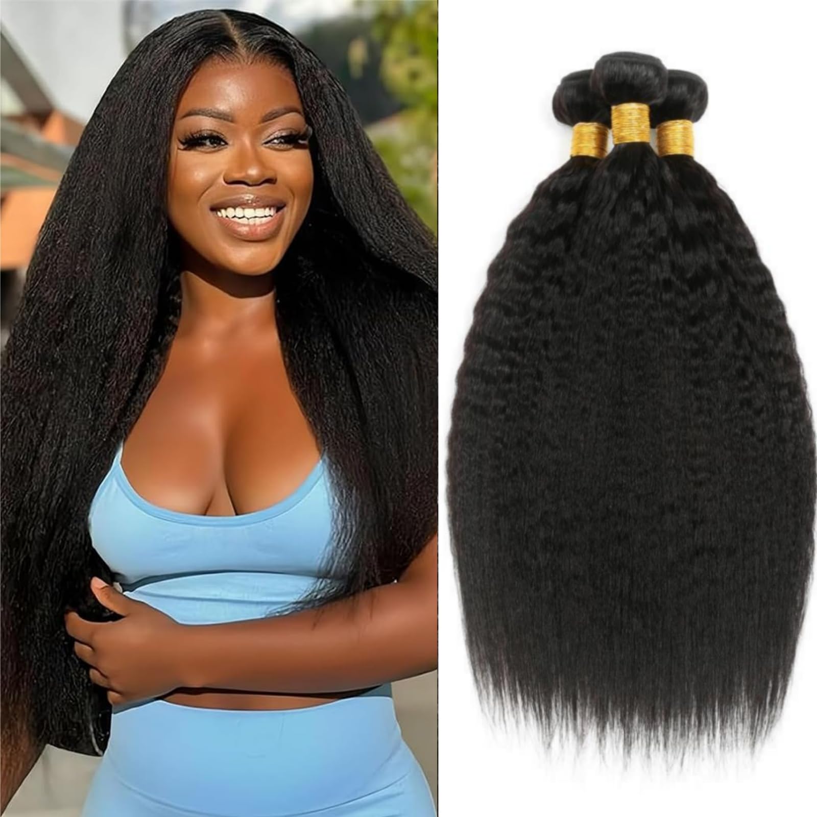 Kinky Straight Bundles Human Hair Yaki Straight Bundles 18 20 22 Inch 12A 100% Unprocessed Virgin Hair 3 Bundles Kinkystraight Human Hair Bundles for
