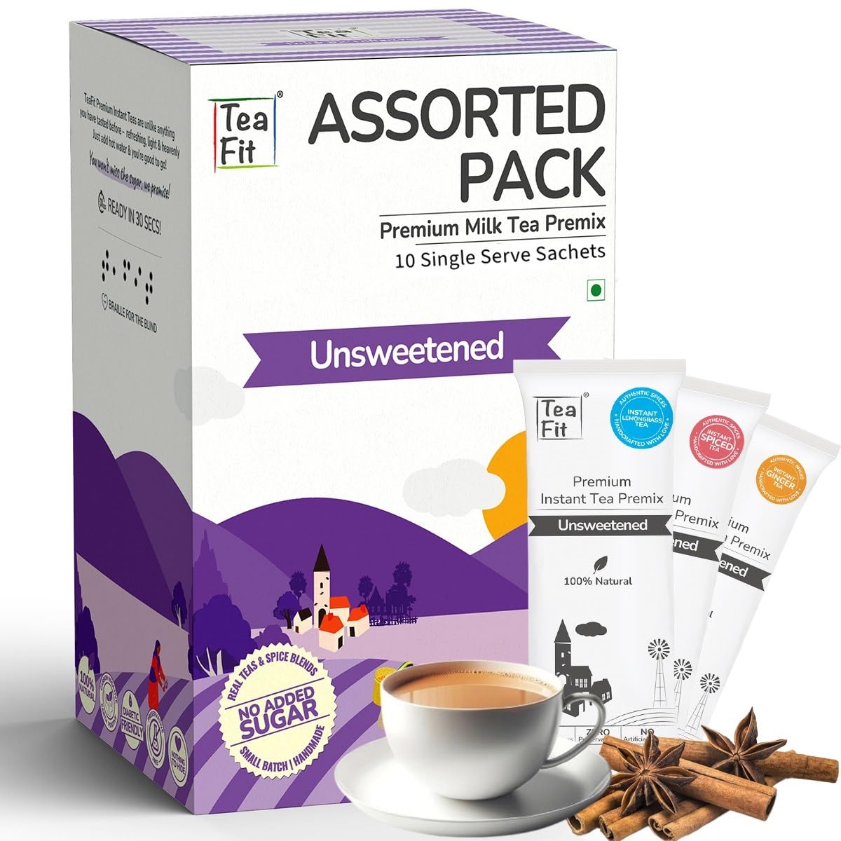 TeaFit Premium ZERO SUGAR Instant Assorted Tea Pack Of 10 Sachets (140gm) | Ginger-Cardamom-Masala-Saffron-Lemongrass Instant Milk Tea Premix | Just Add Water | Diabetic Friendly | No Added Sweeteners TeaFit Premium ZERO SUGAR Instant Assorted Tea Pack Of 10 Sachets (140gm) | Ginger-Cardamom-Masala-Saffron-Lemongrass Instant Milk Tea Premix | Just Add Water | Diabetic Friendly | No Added Sweeteners