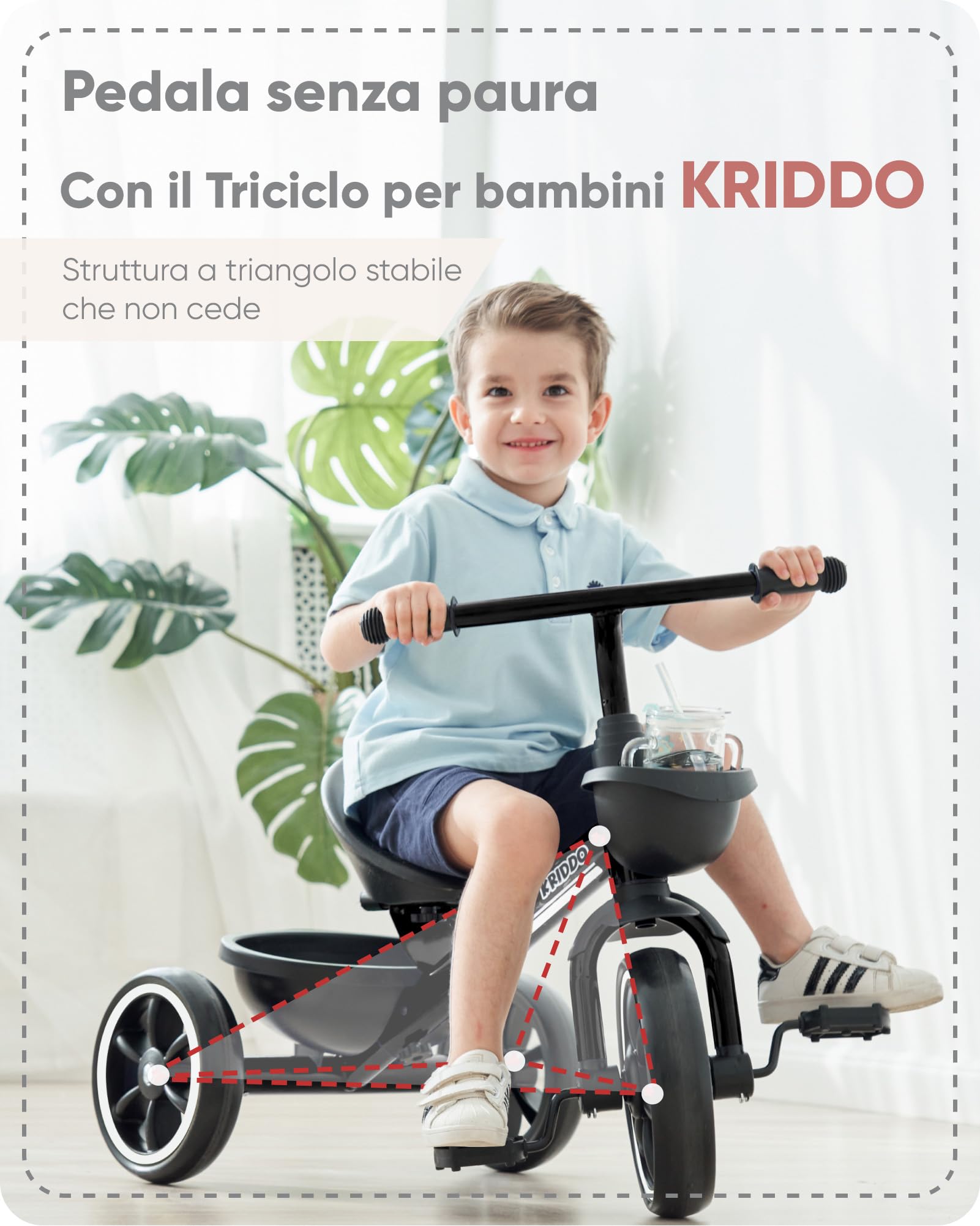 KRIDDO Triciclo per Bambini dai 24 mesi ai 5 anni, Tricicli per bambini da 2,5 a 5 anni, Triciclo Evolutivo da 2 a 4 anni, con Cestello Portaoggetti, Ideale da regalare, Nero