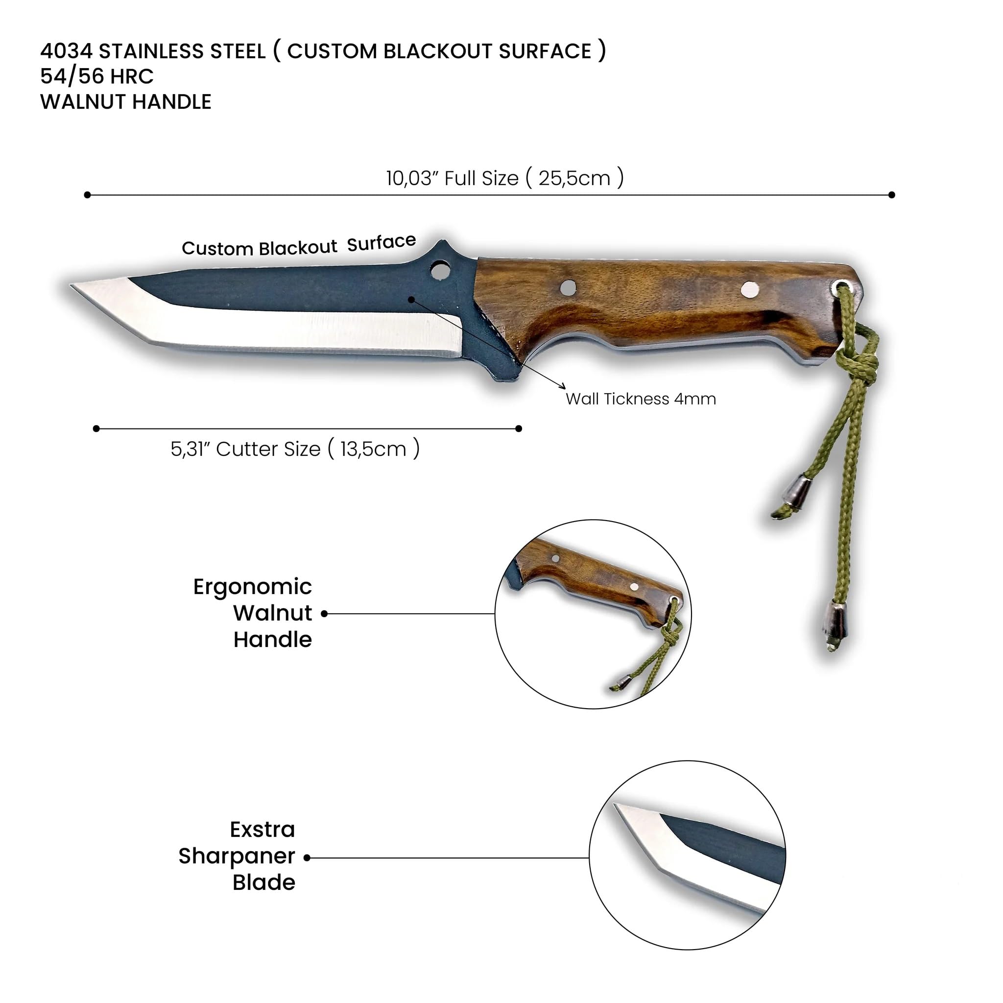 YAK Outdoor Scorpion Messer - 26 cm, 4034 Edelstahl, 13,5 cm Klinge, Wurzelnussholzgriff, inkl. Lederhülle, 54/56 HRC Härte, langlebig und robust, perfekt für Outdoor-Abenteuer und Überlebenstraining