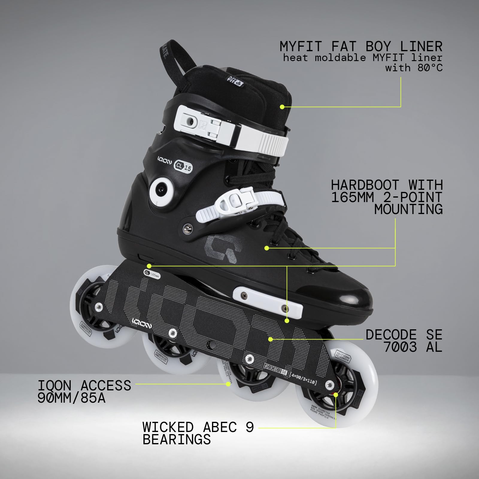 IQON CL15 Black Edition Rollers en ligne, Hardboot avec doublure Myfit & Cuff Decode SE Frame réglable, 4 x 90 mm ou 3 x 110 mm, roulements ABEC 9, avec montage de 165 mm