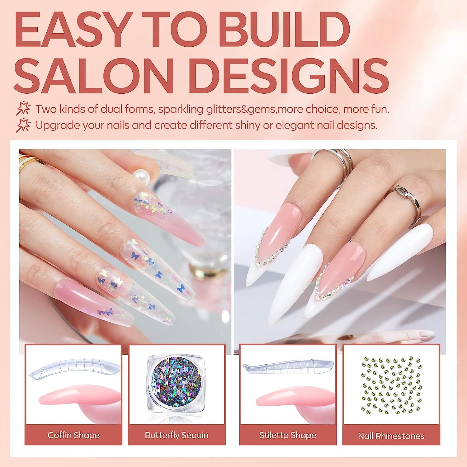 Modelones Polygel Starter Set, 6 Farben Glitzer Schwärze Klar Nude Polygel Set mit Base Top Coat Slip Solution Poly Nägel Quick Extension Builder Gel Maniküre Set fur gel nägel selber Machen