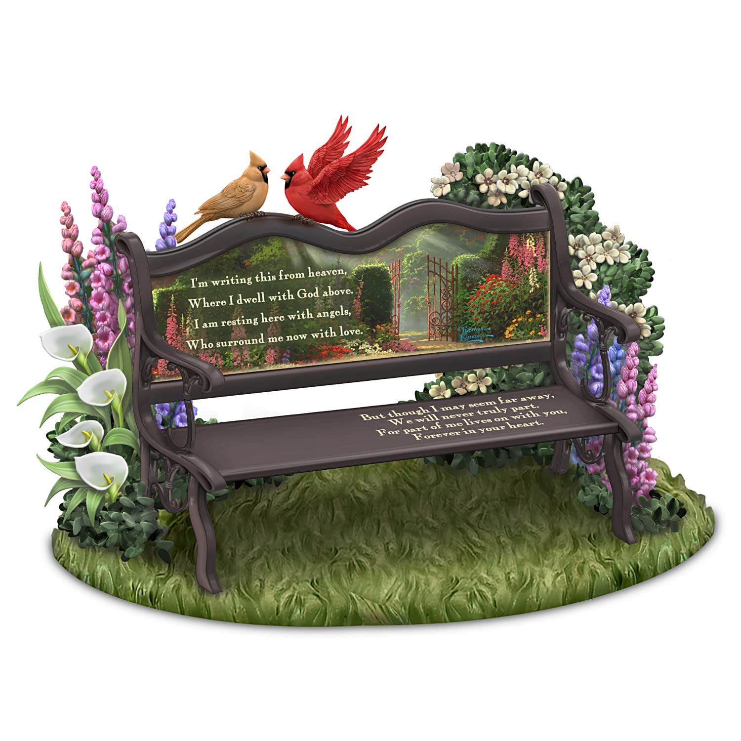 The Hamilton Collection Until We Meet Again Remembrance Sculpture Featuring A Park Bench with Artwork by Artist Thomas Kinkade & Adorned with Sculpted