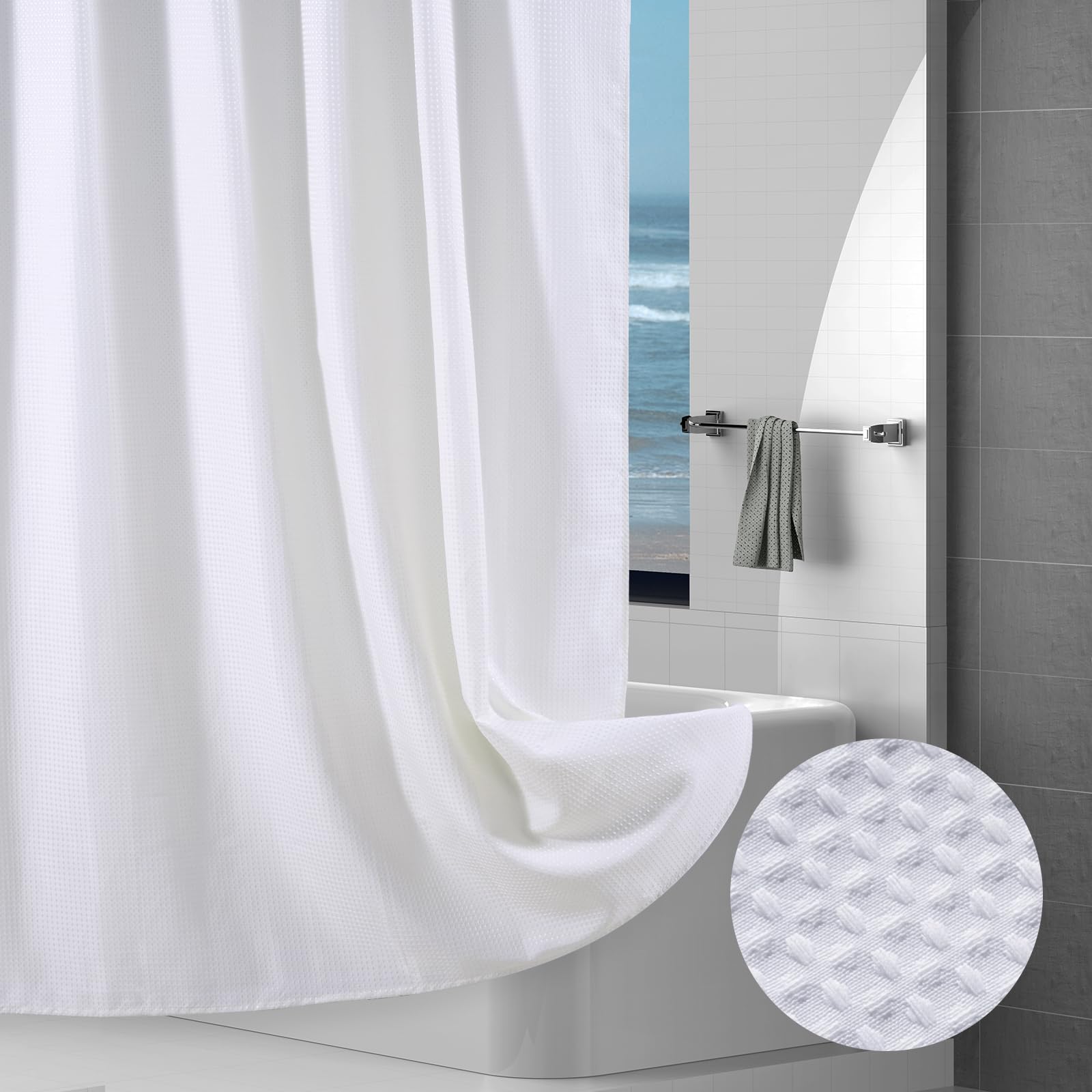 Hotel Style Waffle Weave Shower Curtain, Water Repellent Heavy Duty Fabric Texture Bath Curtain with Weighted Hem, Washable Wet Room Shower Curtains for Bathroom and Bathtub, 183x214cm, White