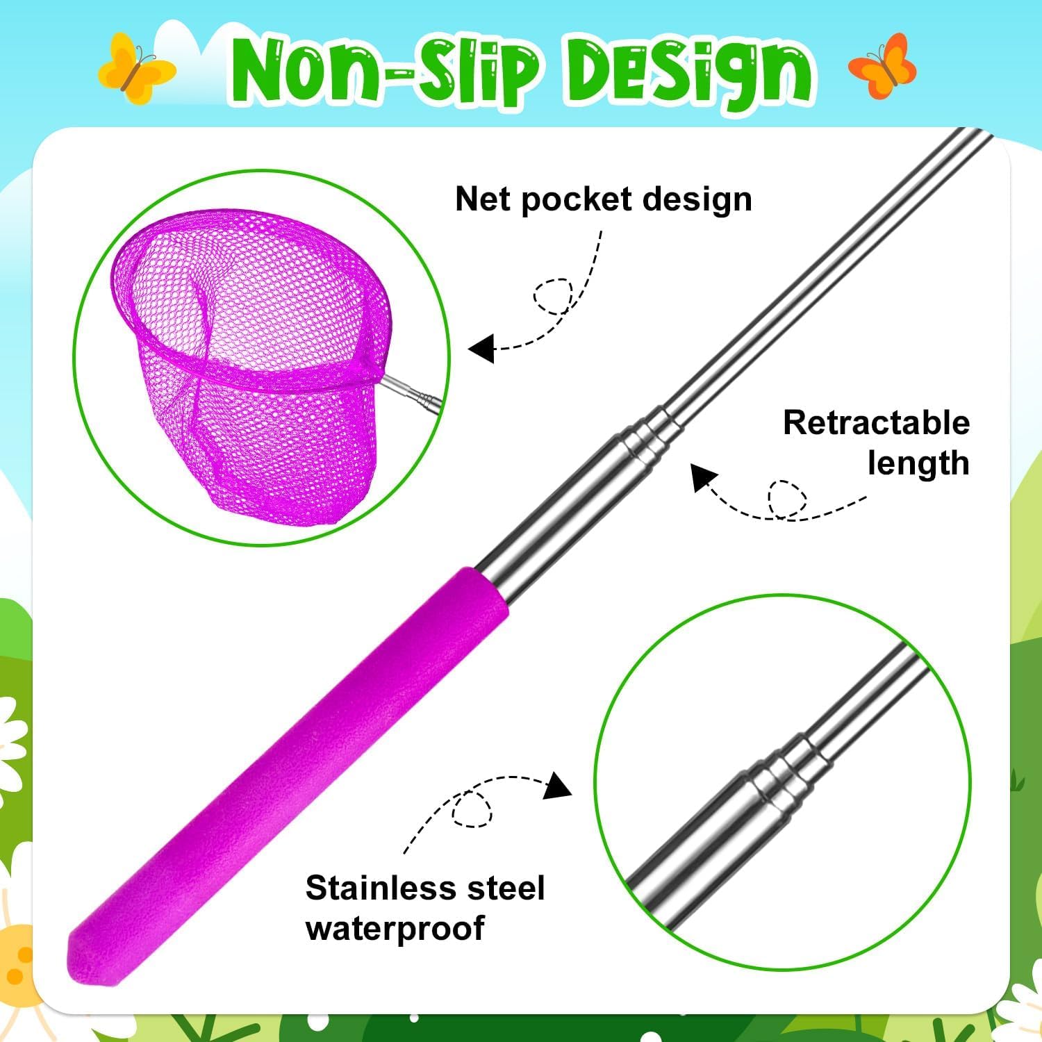 12PCS Telescopic Butterfly Fishing Nets for Kids Catching Insect Net Outdoor Tools Including 6pcs Catching Nets and 6pcs Insect Mesh Cages Outdoor Tools for Catching Butterfly and Fish (6 Colors) - Image 3