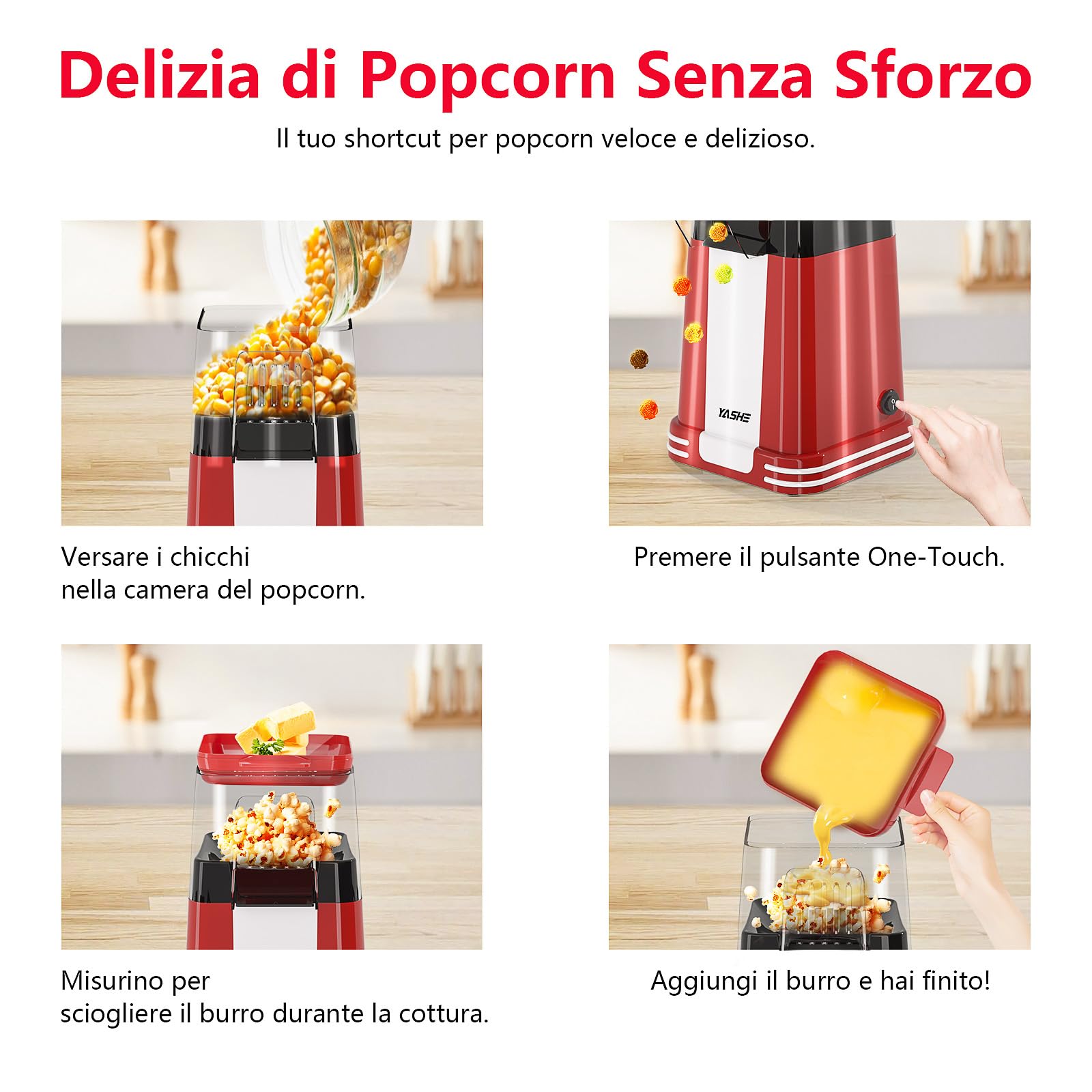 YASHE Popcorn Machine Retro, 1200W Hot Air Popcorn Maker con Misurino, One-Touch, Senza Olio, Perfetta per il Cinema Casa, le Serate Cinematografiche, le Feste