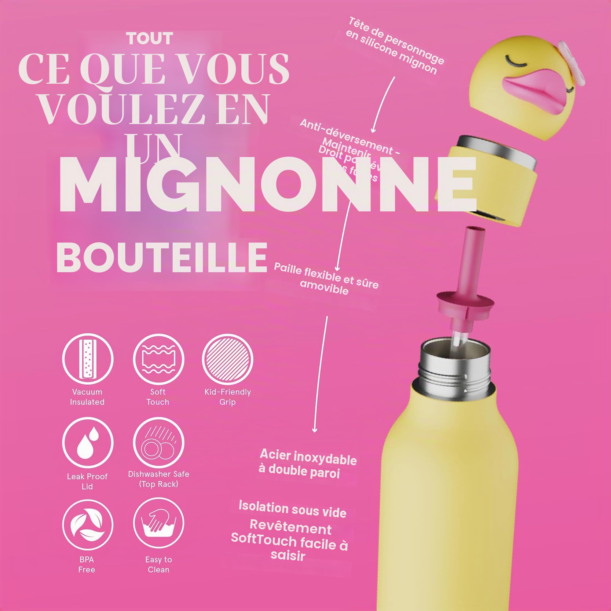 asobu Bouteille Bestie isotherme en acier inoxydable avec tête d'animal souple détachable, amusante pour boire pour enfants et adolescents avec paille flexible réutilisable 473 ml (canard)
