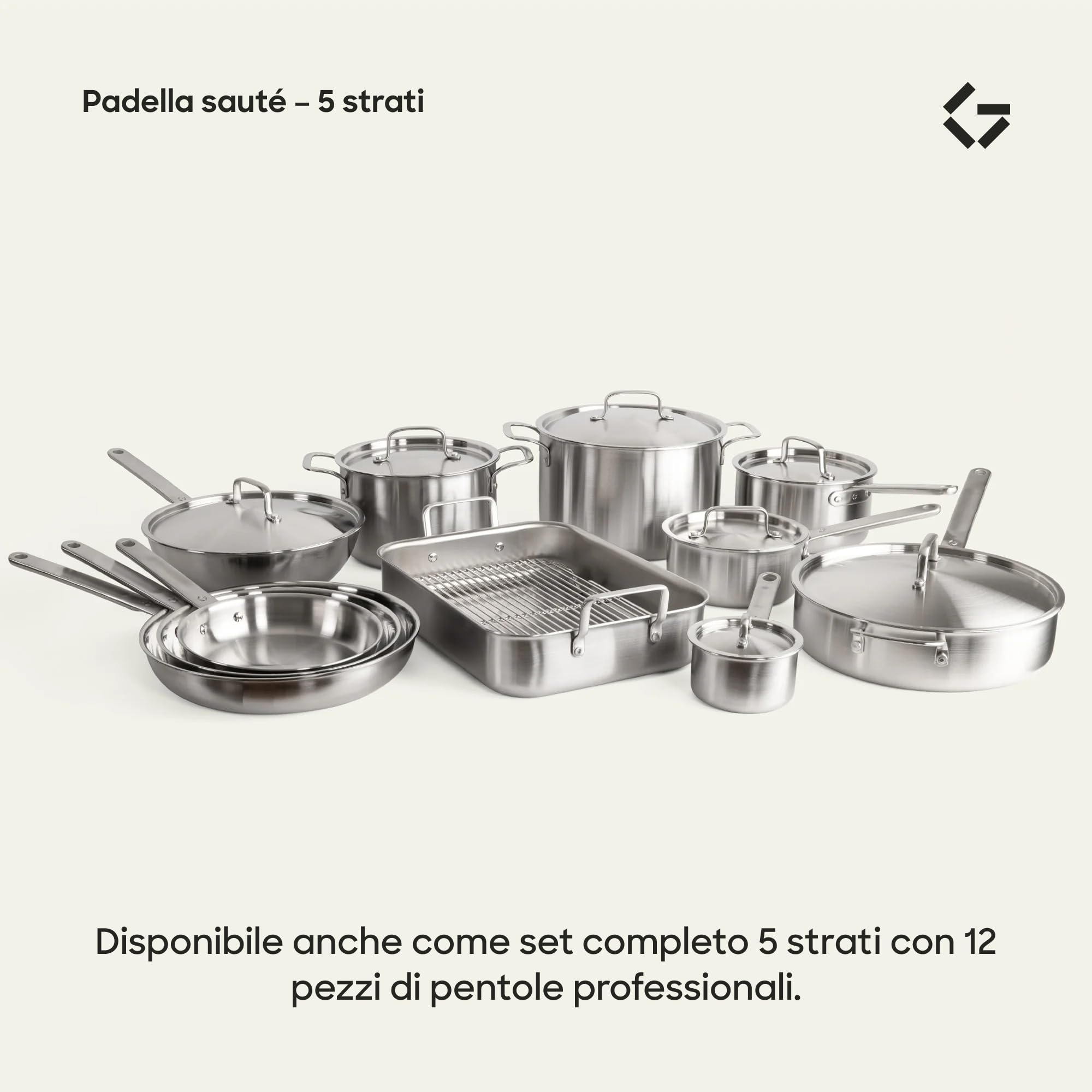 Gastrotools Padella Inox 28 cm 5-Ply con Coperchio Senza PFAS | Senza rivestimento | Manico CoolGrip | Padella da frittura & universale | Per induzione | Distribuzione uniforme del calore