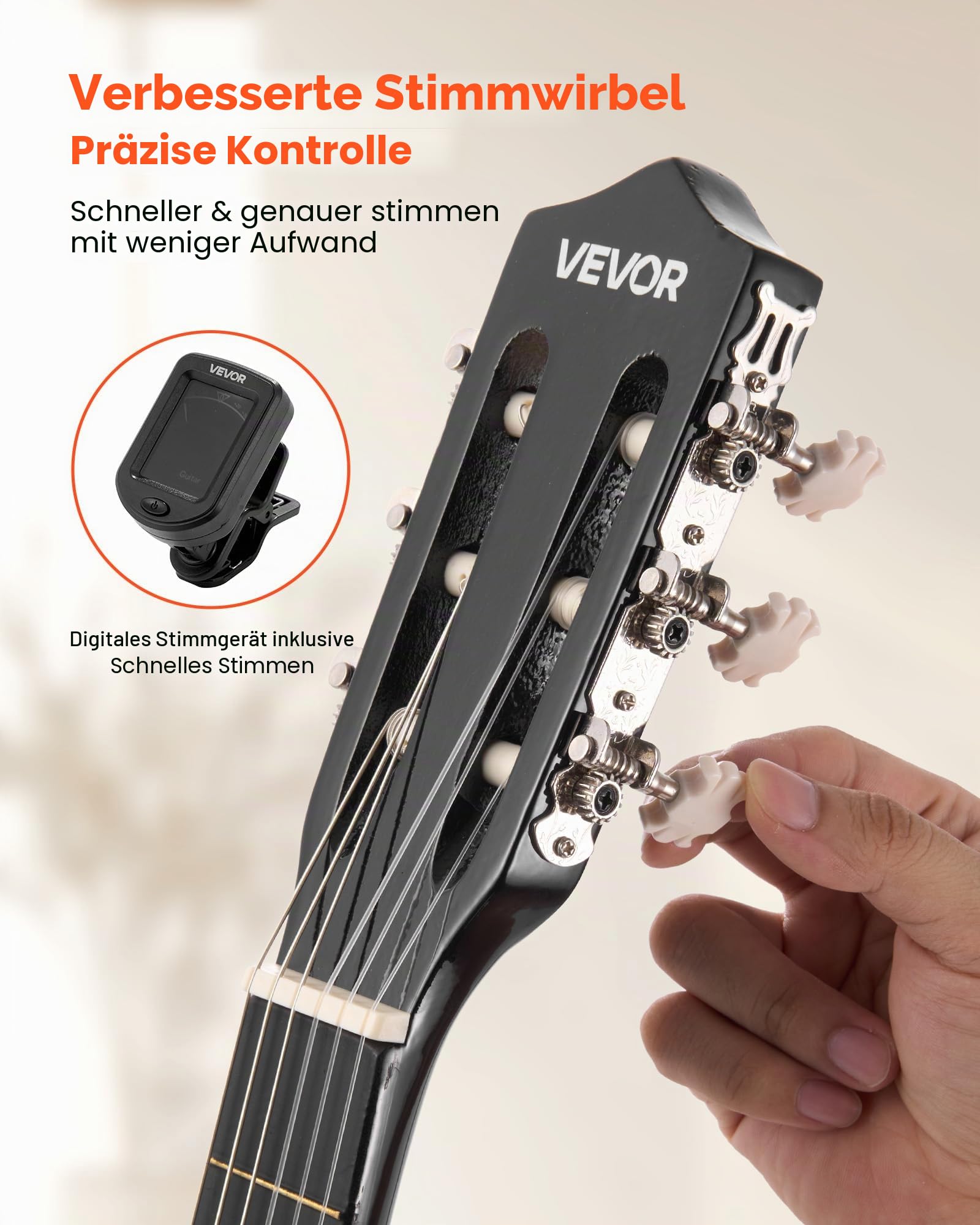 VEVOR Konzertgitarre, 960 mm, Holz-Klassikgitarren-Starter-Set für Anfänger, mit Nylonsaiten, Gigbag, Gurt, Stimmgerät, zusätzlichen Saiten, Plektren, Kapodaster, Linde, für Einsteiger, Schwarz
