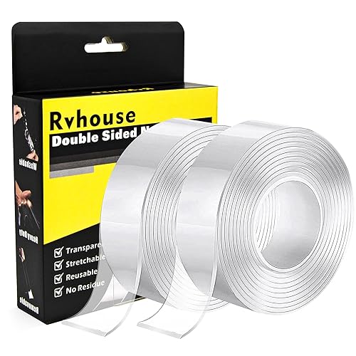 Rvhouse Cinta de doble cara de 1.18 x 200 pulgadas, paquete de 2 rollos grandes de cinta de montaje transparente, nano extraíble, adhesivo