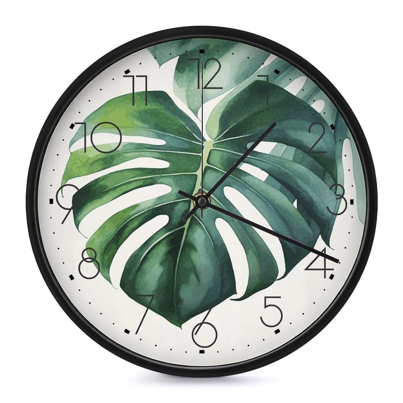 DWVTSLH Watercolor Monstera Leaf Wall Clock 10 Inch Silent Non-Ticking Modern Clocks Battery Operated - Decorative Wall Clocks for Bedroom Living Room Kitchen Office Wall Decor Gift Idea