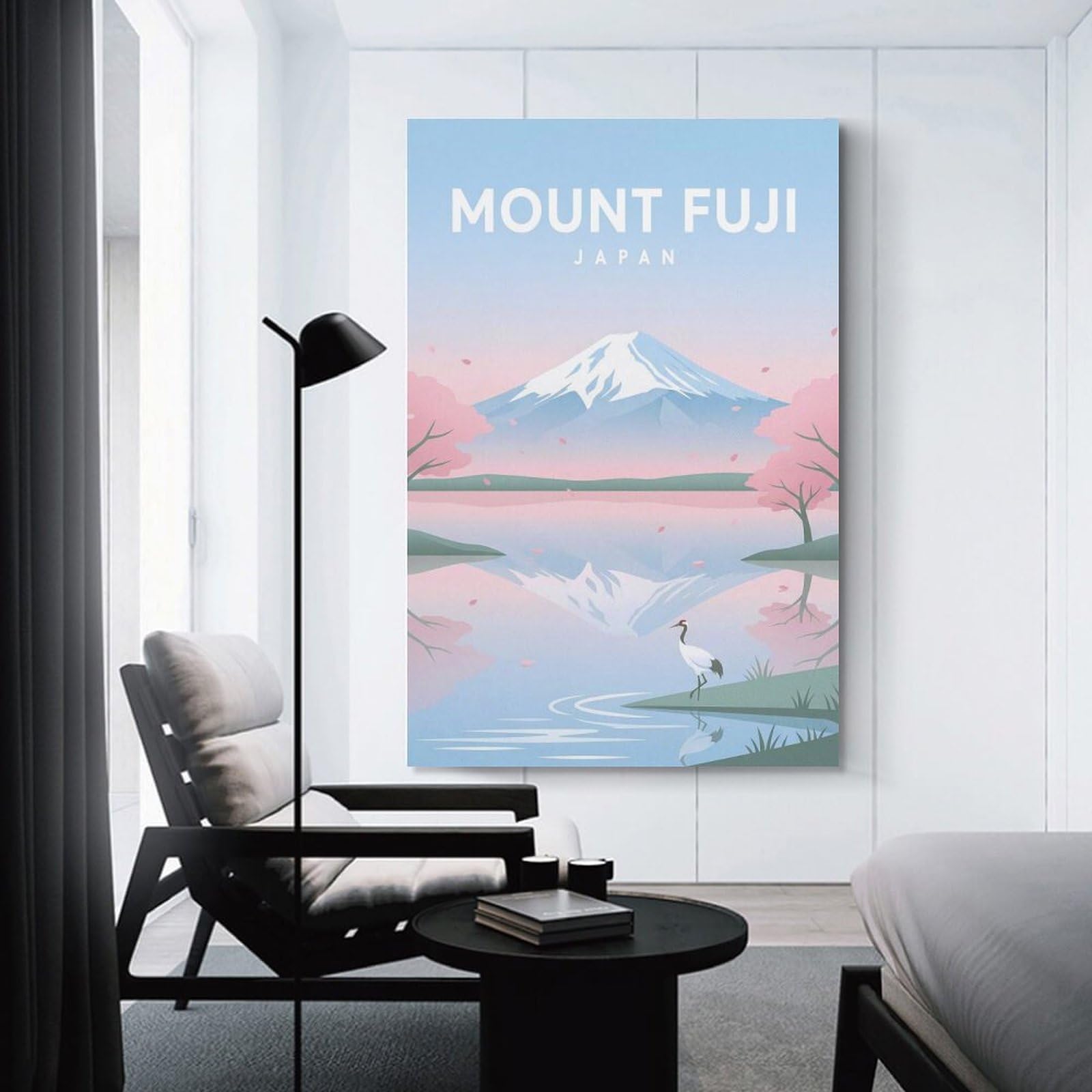 Junmoney Mount Fuji with Cherry Blossoms And Crane Wall Art Print, 24x36inch(60x90cm), for Living Spaces, Bedrooms Or Relaxed Rooms, Decorative Artwork for Empty Walls