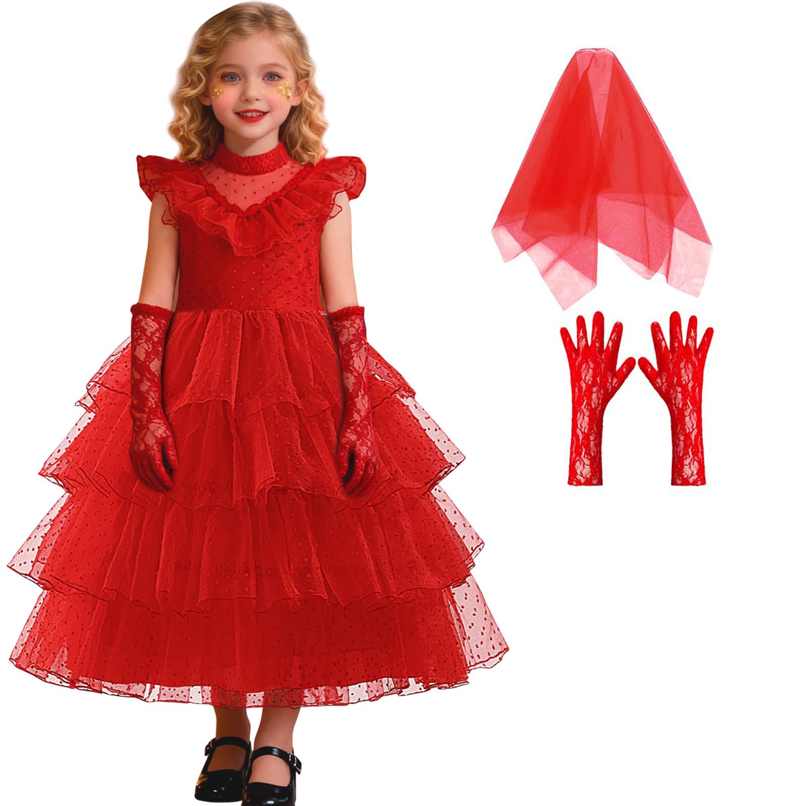 CCJRLM Girls Tulle Dress Red Lydia Deetz Easter Pageant Princess Dresses Birthday Party Dress 3-12Y