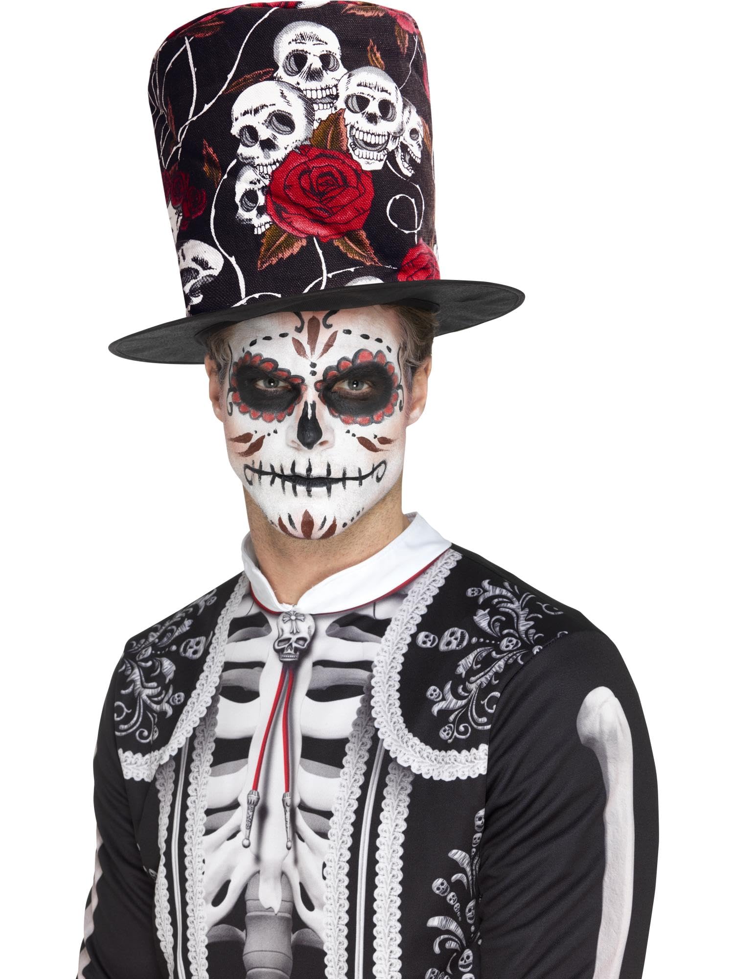 Smiffys 48035 Day of the Dead Skull and Rose Top Hat, Multi-Colour, One Size
