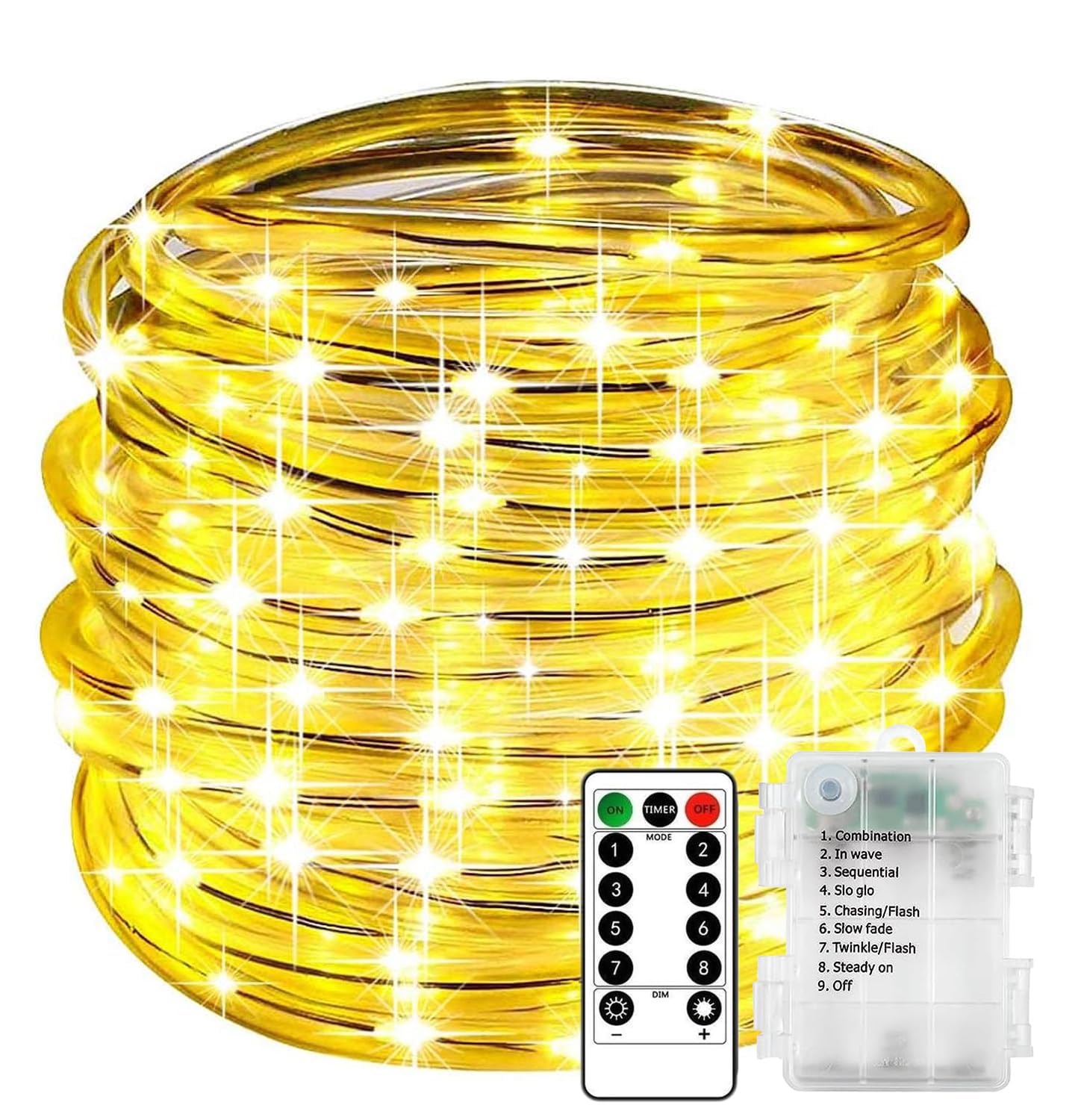 KINGCOO LED Rope Fairy Lights, Battery Operated Tube String Lights with Remote Control Timer 8Modes for Trampoline Camping Tent Indoor Outdoor Garden Wedding Christmas Decor (Warm White, 5M 50LED)