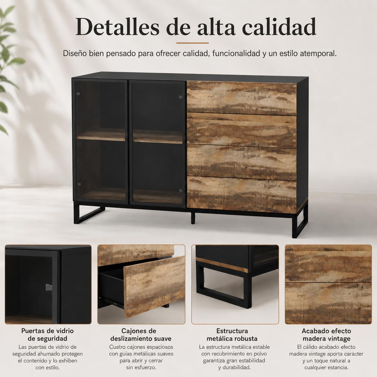 Aparador Madera-Negro 160cm con LED & Puerta de Cristal – Cómoda con 4 Cajones, Push-to-Open & Tira LED USB – Vitrina con Marco Metálico para Salón, 160×95×41cm
