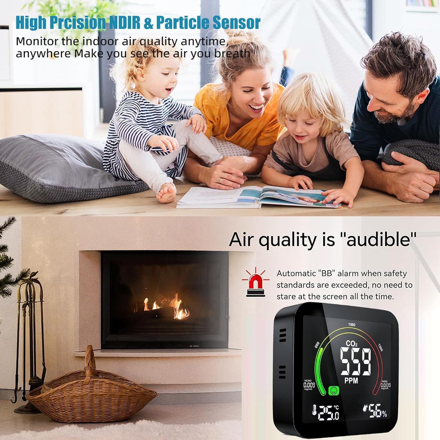 Medidor CO2 Detector CO2 Gas, 5 en 1 Detector de CO2 con Pantalla LED Medidor de Humedad y Temperatura TVOC HCHO Dormitorio Oficina Coche Multi