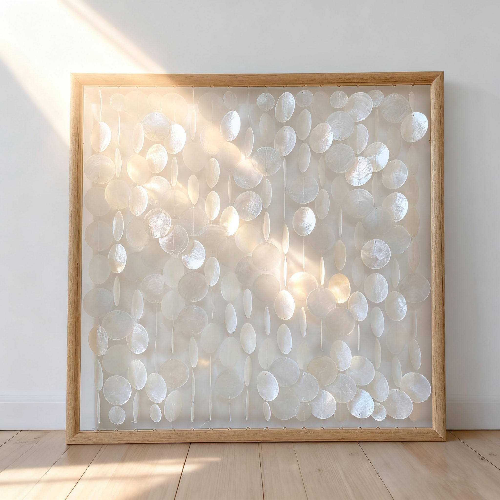 Bergamot 3D Handmade 24"x24" Capiz Shell Wall Hanging Decor, Solid Wooden Framed Coastal Wall Decor, Minimalist White Sea Shell Art for Living Room, Bedroom, Office