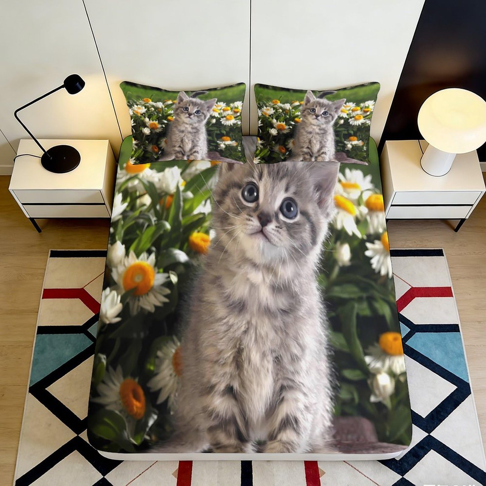 3D Printed Cute Kitten Fitted Sheet Microfiber Soft Breathable Floral Mattress Cover for Bedroom Dormitory Guest Room Protection Decoration 120x200x25cm