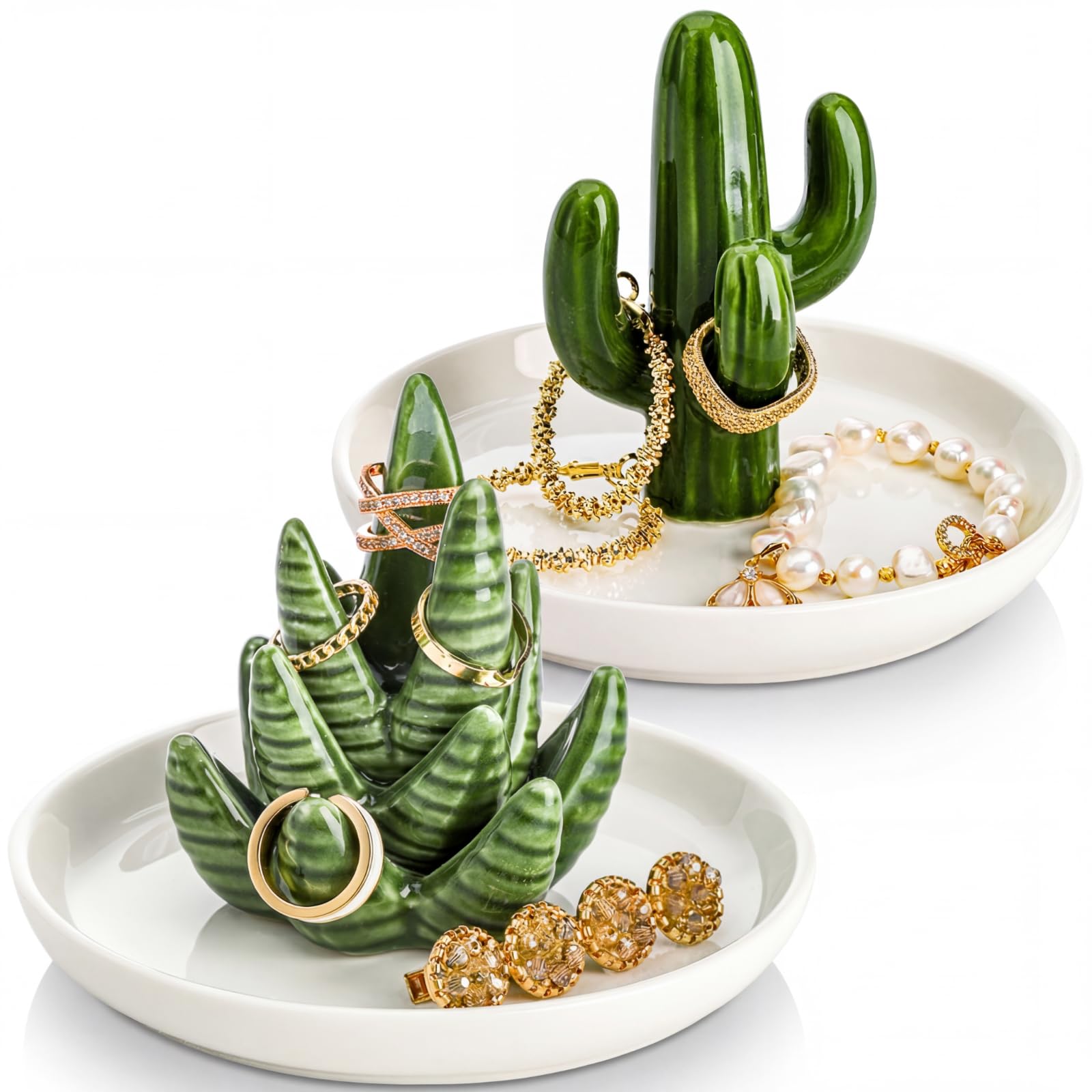 Elsjoy Set of 2 Aloe and Cactus Ring Holder Dish, Ceramic Jewelry Dish Bracelet Earrings Necklace Organizer, Decorative Trinket Dish for Wedding, Birthday Gifts, Home Decor