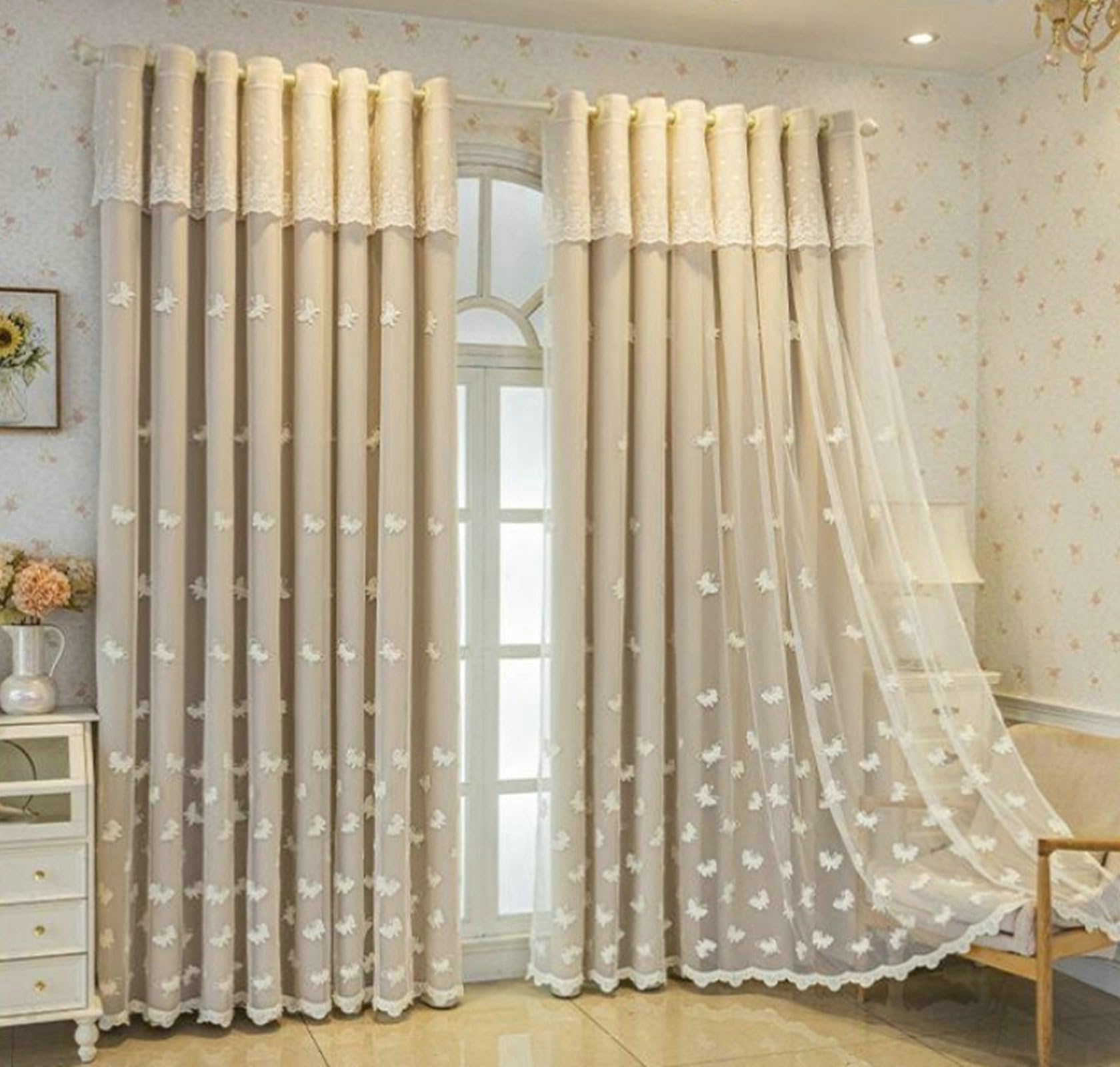 Tende Salotto Oscuranti, Tenda Finestra Beige 107x147 Ricamo Farfalla Doppio Strato Tende Soggiorno Decorate