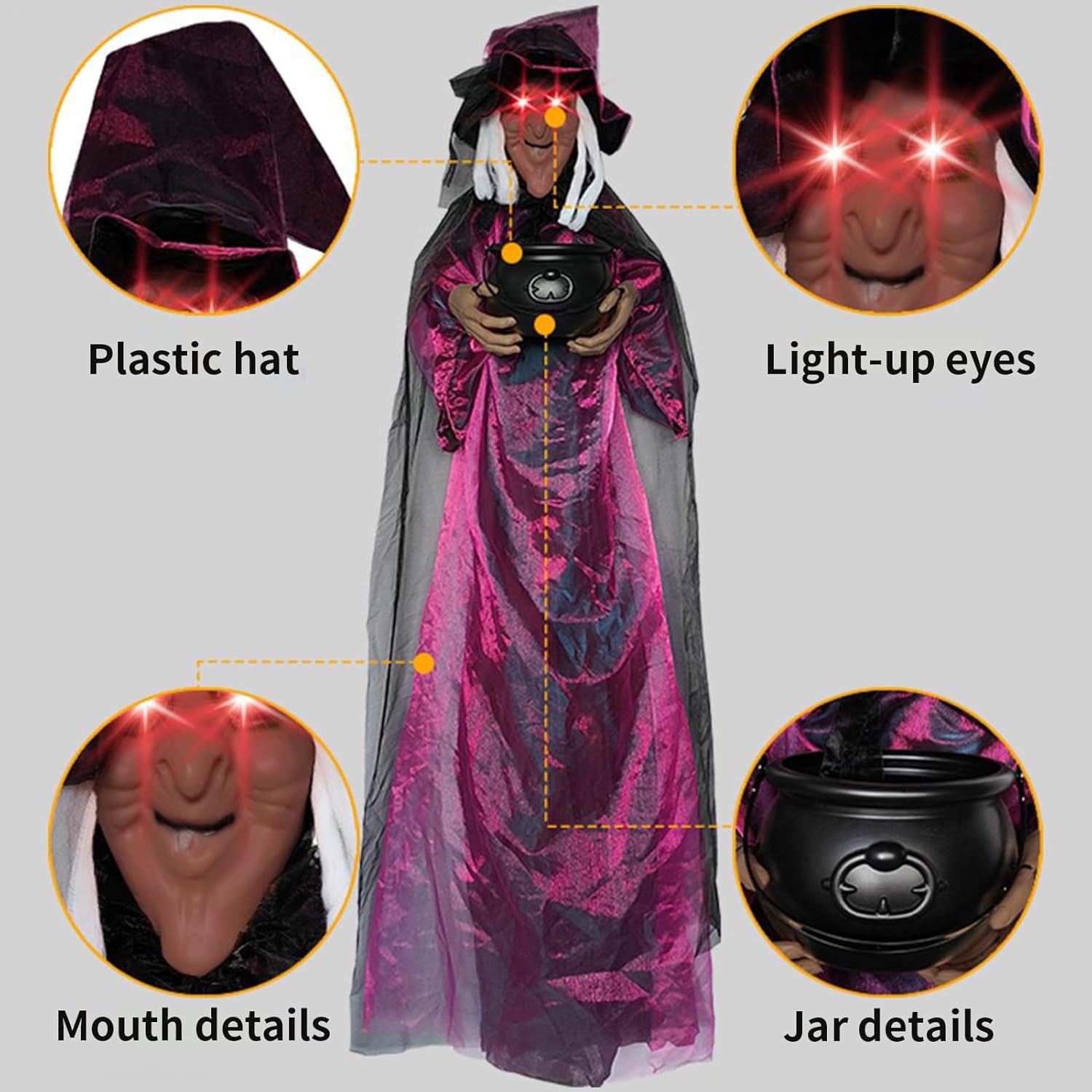 ウィッチ ハロウィン 装飾,光る目で叫ぶ魔女 | 180cm 大鍋持つ人形 お化け屋敷 庭 芝生 ガーデン ポーチ 天井 ホームパー