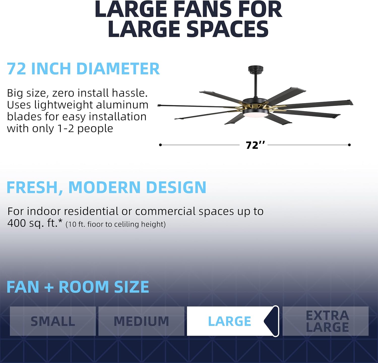 72'' Black and Brass 8-Blade Modern Ceiling Fan with LED Light