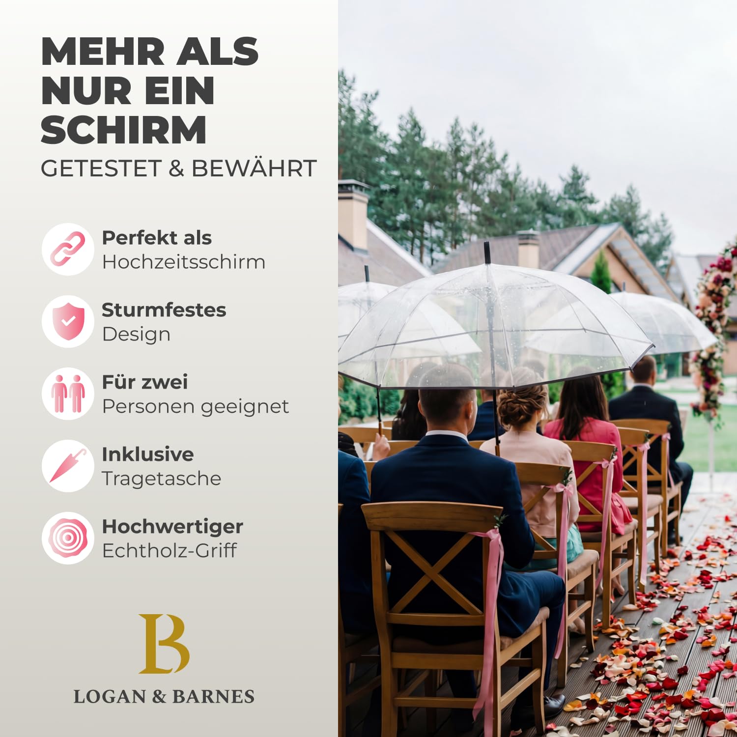 LOGAN & BARNES Durchsichtiger Regenschirm Hochzeit Echtholzgriff Ø120cm Transparent XXL Modell CARDIFF