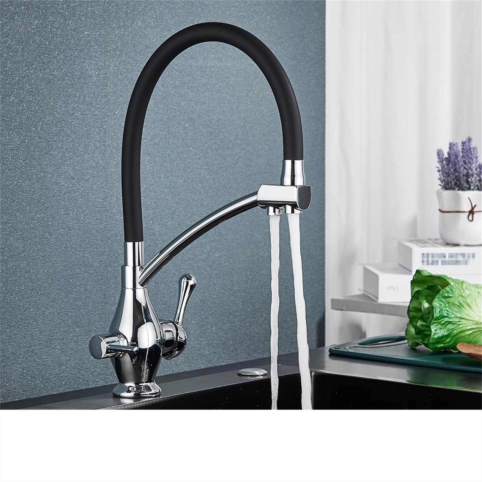 FCXWEVR 2-in-1 Black Kitchen Faucet with Filter Brass Double Spout Mixer Tap Swivel Nozzle Chrome Finish Contemporary Design for Clean Water in Modern Kitchens