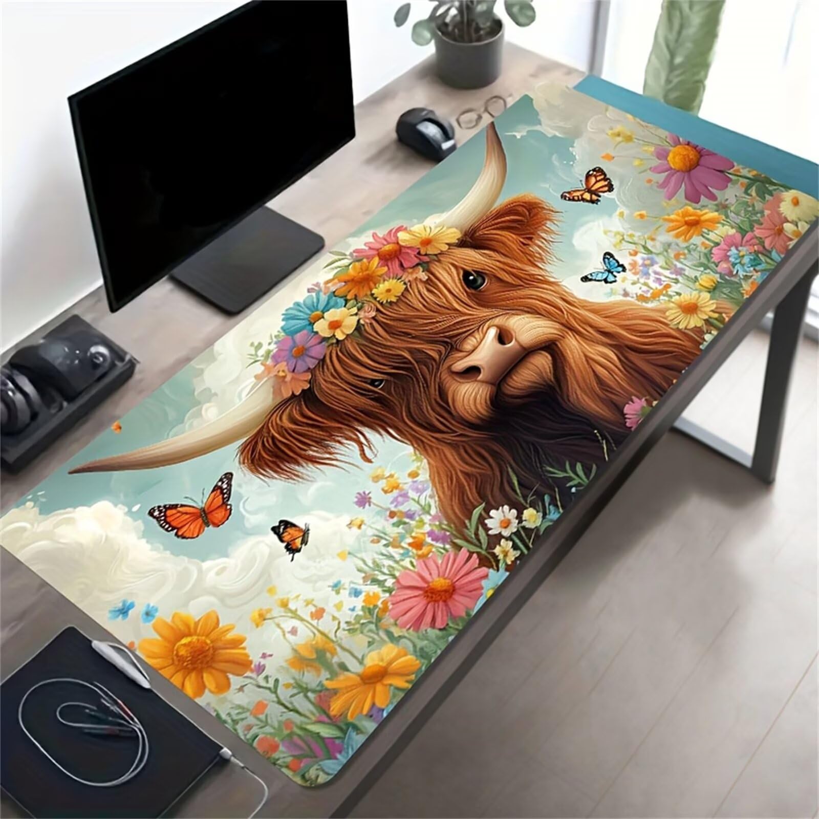 Tappetino per Mouse da Gioco XXL 1200x600x3 mm, Desk Pad Grande con Bordi Cuciti, Base in Gomma Antiscivolo, Accessorio per Ufficio e PC (Farfalla Fiore Mucca)