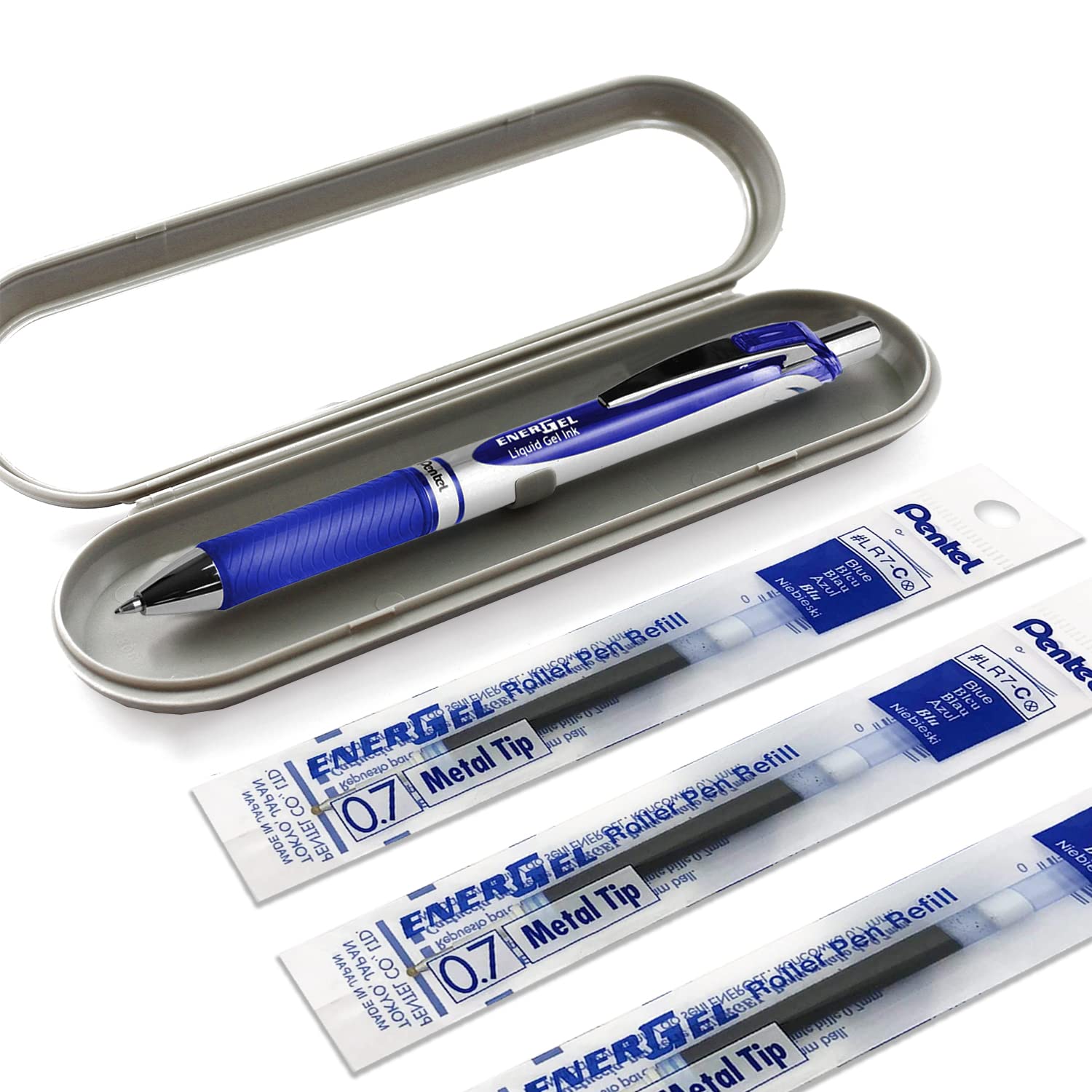 Pentel EnerGel XM BL77 - Retractable Liquid Gel Ink Pen - 0.7mm - 54% Recycled - Blue - Includes Gift Box and 3 Blue LR7 Refills