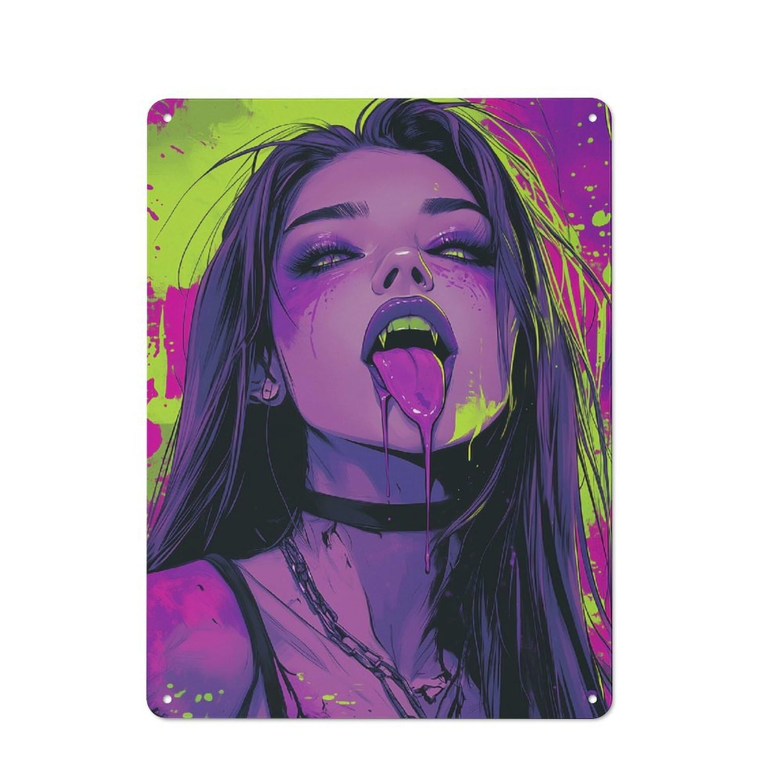 Junmoney Girls Style-6 Decorative Metal Plaque With Vampire With Dripping Tongue Design 40X30cm, Casual Utility Space Decor For Patio Bar, Workshop, Shed Or Kitchen