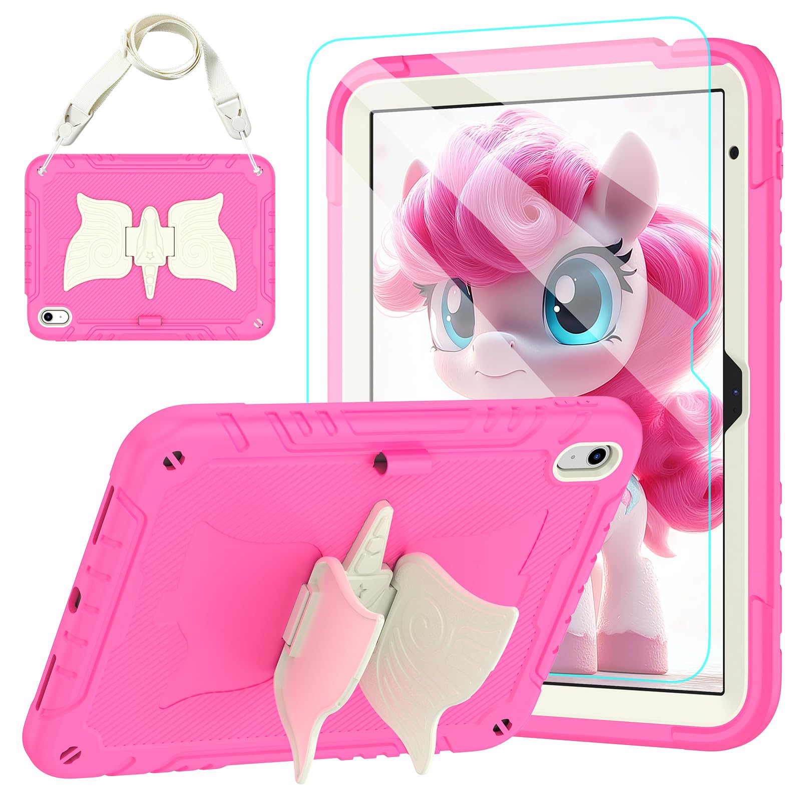 for iPad (A16) 11th Generation 11 Inch 2025/iPad 10th Generation Case 10.9 Inch 2022 with Tempered Glass Screen Protector,Unicorn Stand,Shoulder Strap,for iPad 10 Case Kids Girls (Hot Pink)