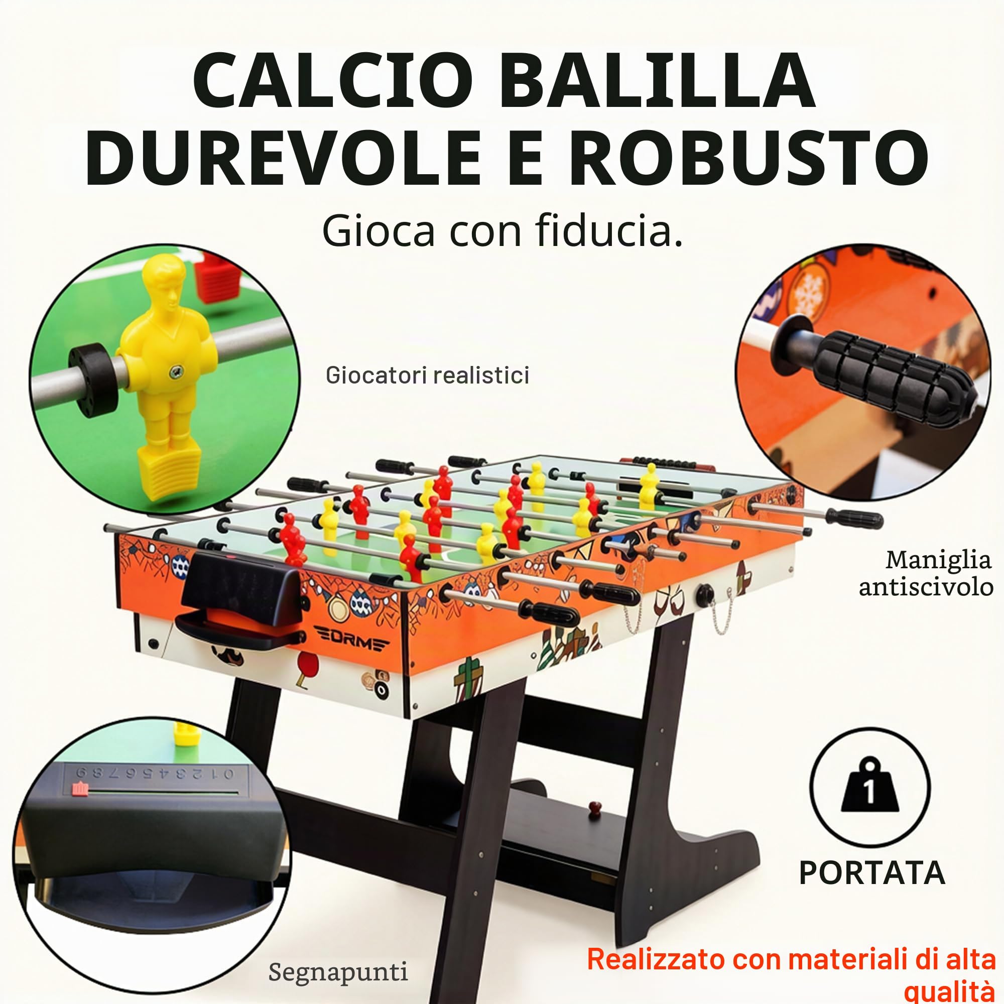 OYE 4FT 8 in 1 Gioco da tavolo pieghevole multifunzionale - Calcio balilla (calcetto)/Ping pong/Air hockey/Tavolo da biliardo, MDF
