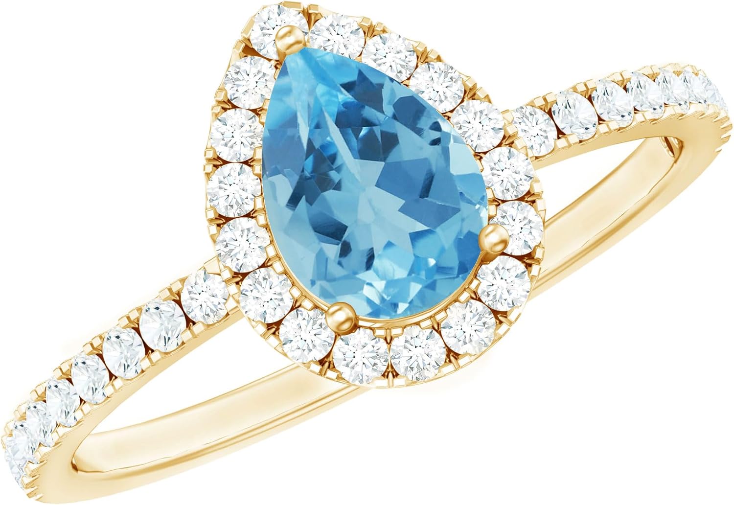 Natural 0.6 Ct Swiss Blue Topaz Pear Shape Engagement Ring, Aaa Quality, Blue Topaz Diamond Halo Ring - Mothers Day Gift