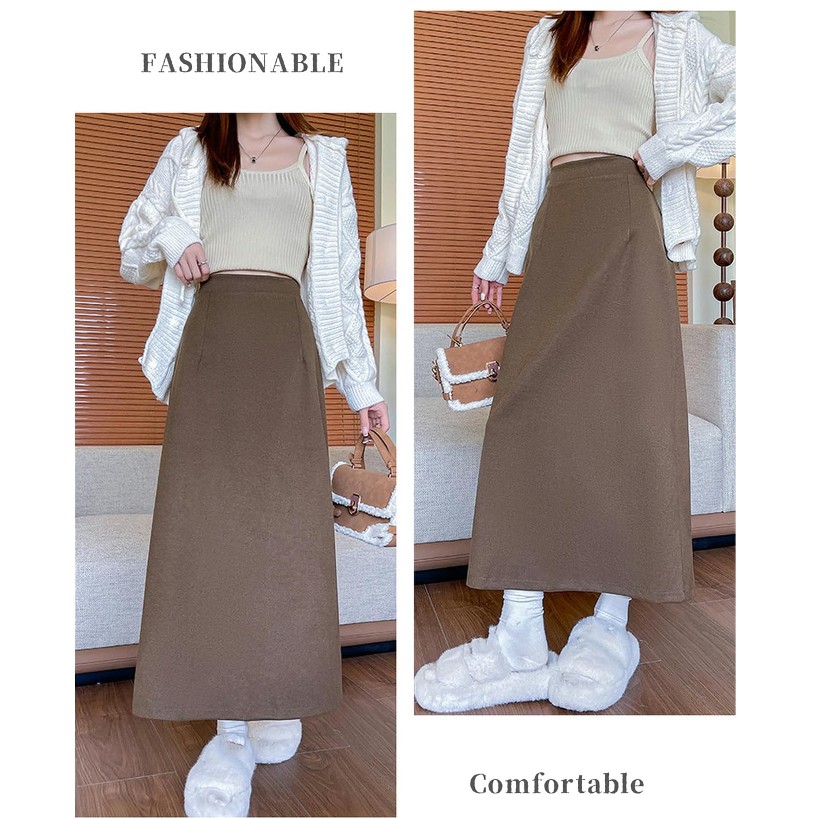 Gonna Donna Gonna Hip A metà Lunghezza della Vita Alta da Donna-Gonna Lunghe alla Moda Autunnale Inverno per Eleganza E Comfort-Grigio-m