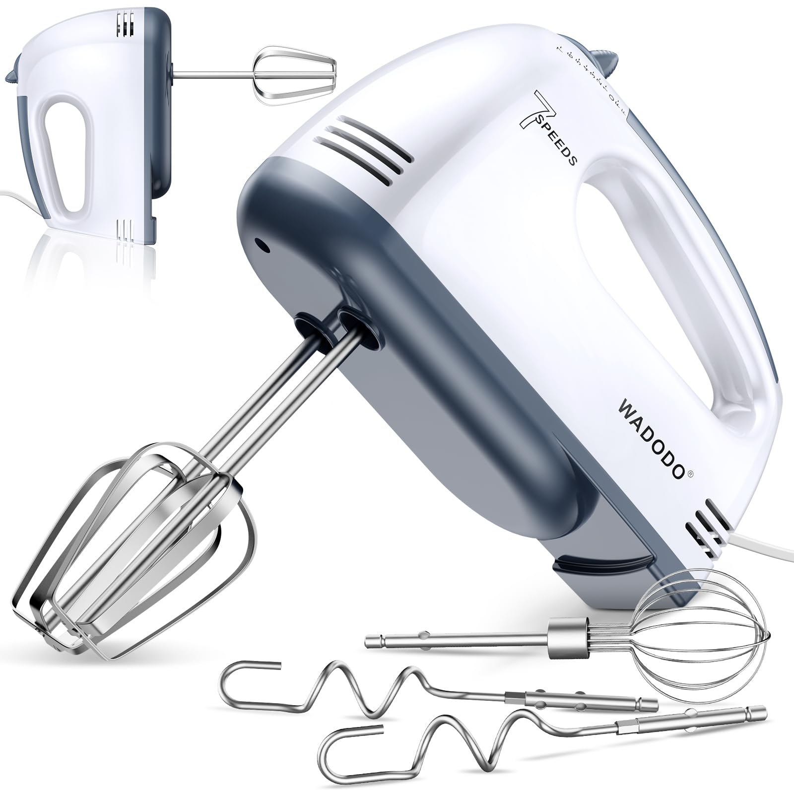WADODO Electric Hand Mixer, 7-Speeds Small Handheld Mixer Portable Food KitchenMixer with 5 * 304 Stainless Steel Beaters, Whisk, Dough Hooks Attachment for Baking Cake Cookies Cream, White