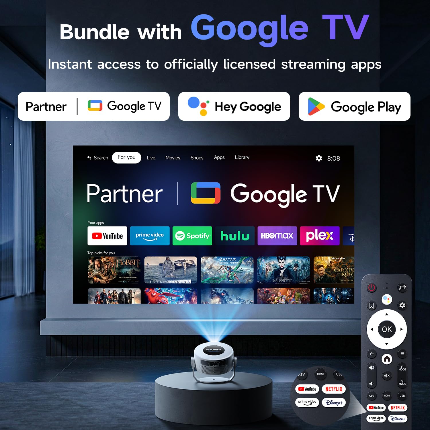 Philoent Philoent【Google TV Included】Smart Mini Projector, Ultra Short Throw for Big Screen in Small Room, Auto Keystone Portable projecteur with WiFi Bluetooth, Support 4K Movie – Home Theater Bedroom Outdoor in use