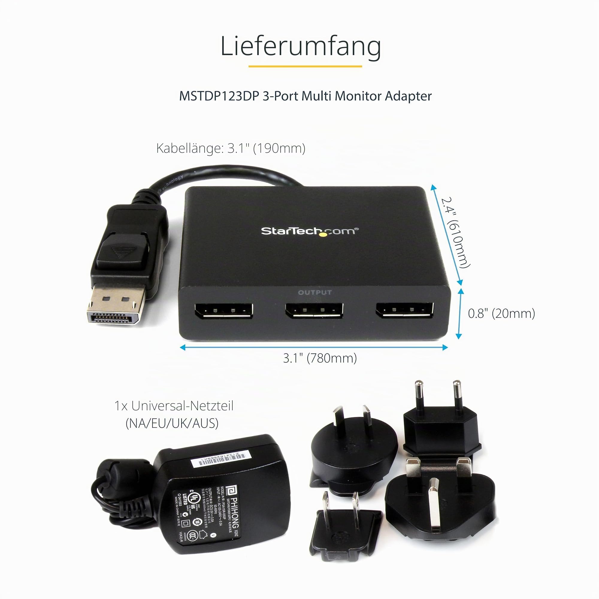 StarTech.com 3-Port Multi-Monitor Adapter - DisplayPort 1.2 MST-Hub - Dual 4K 30Hz & 1x 1080p - Video-Splitter für den erweiterten Modus, nur auf Windows PCs - DP auf 3x DP-Monitore (MSTDP123DP)