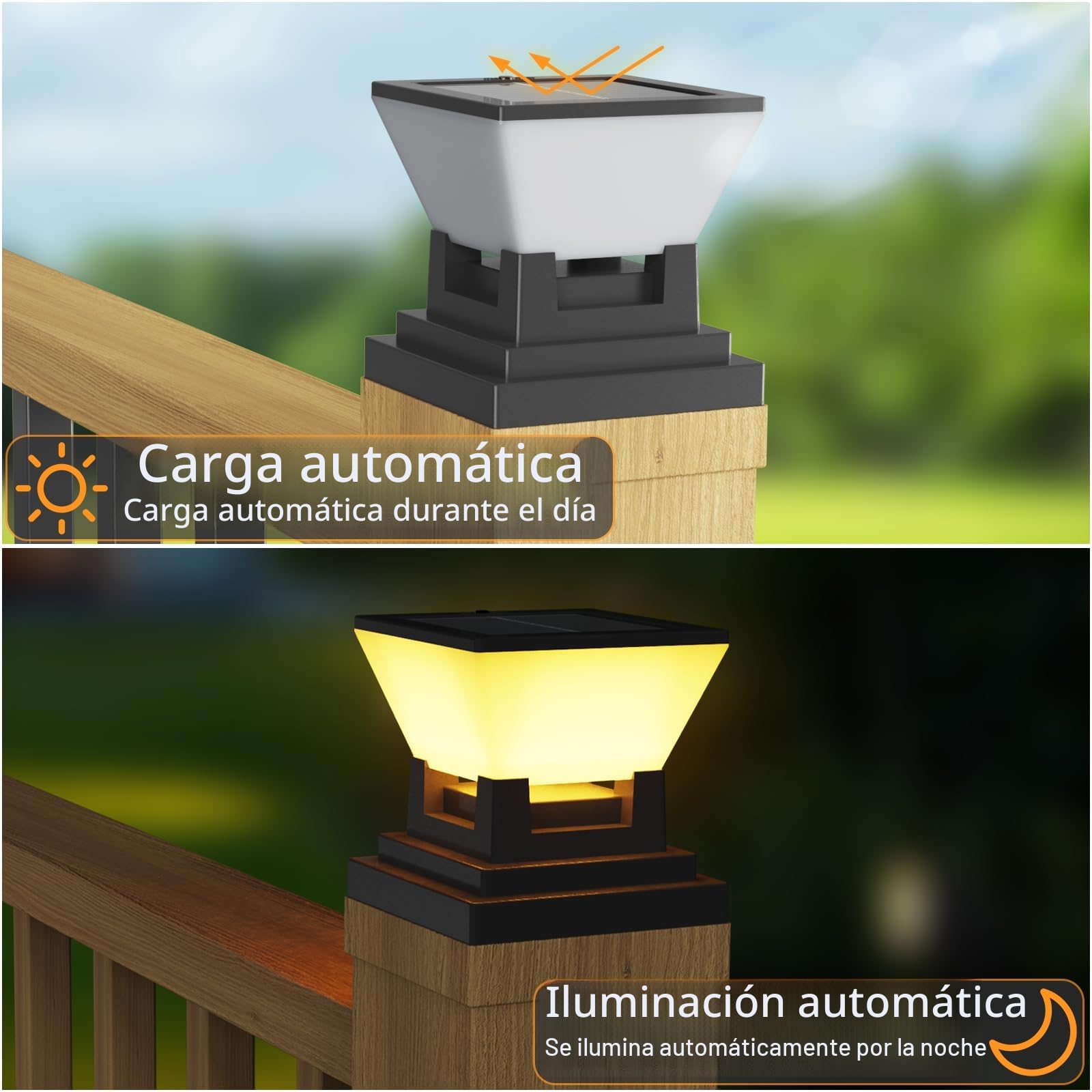 ACMHNC Farola Solar Exterior, 2 Piezas Luz Solar Exterior Jardin Para Postes de Valla 7x7 8x8 9x9 10x10cm, Ip65 Lampara Sobremuro Exteriores, 3 Modos, Para Jardín Valla Postes Madera