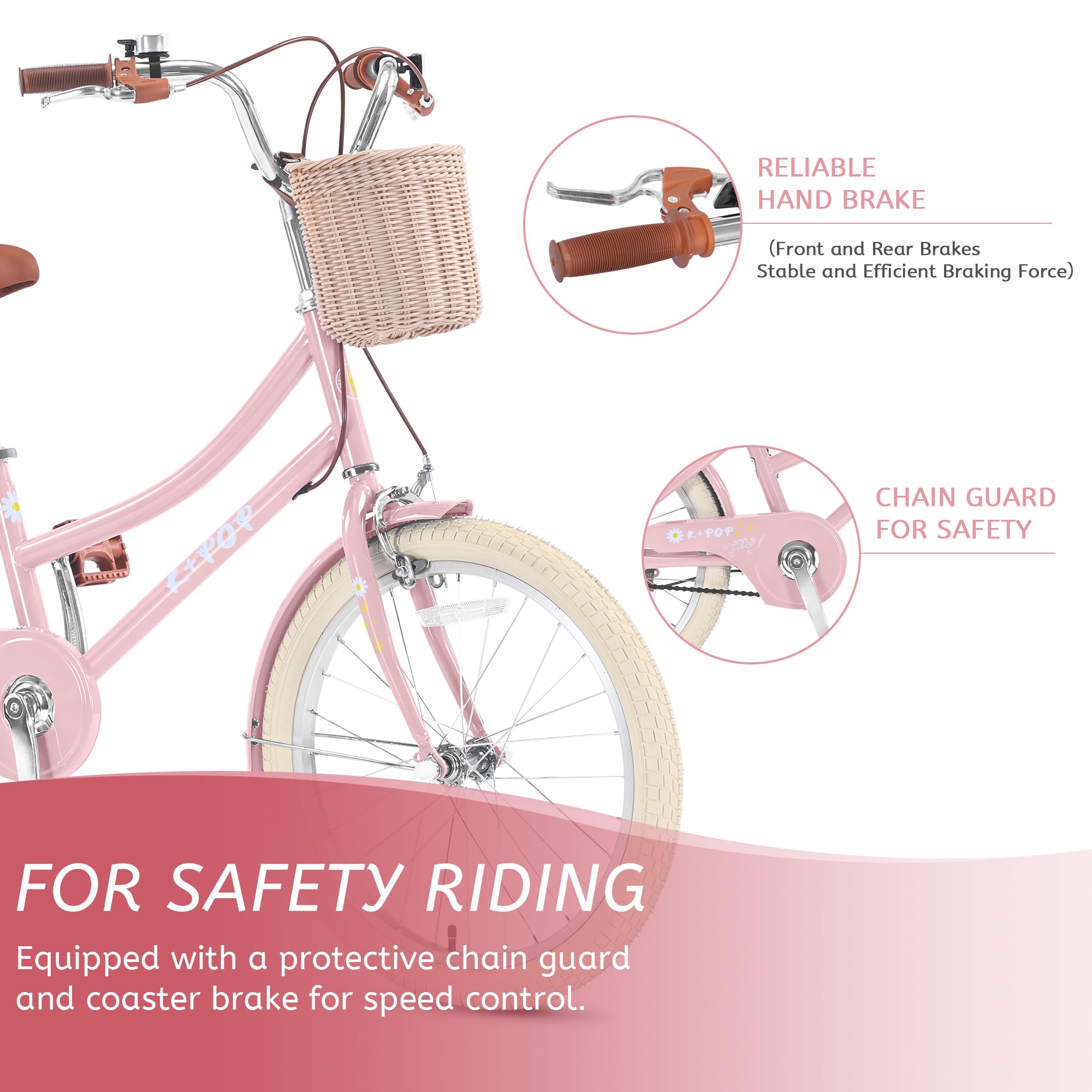 Girls Bike with Basket for 5-13 Years, 20 Inch Kids Bicycle with Bell- Princess Girls Kids Bike,Single Speed Girls Bikes with Carbon Steel Frame and Adjustable Seat Height